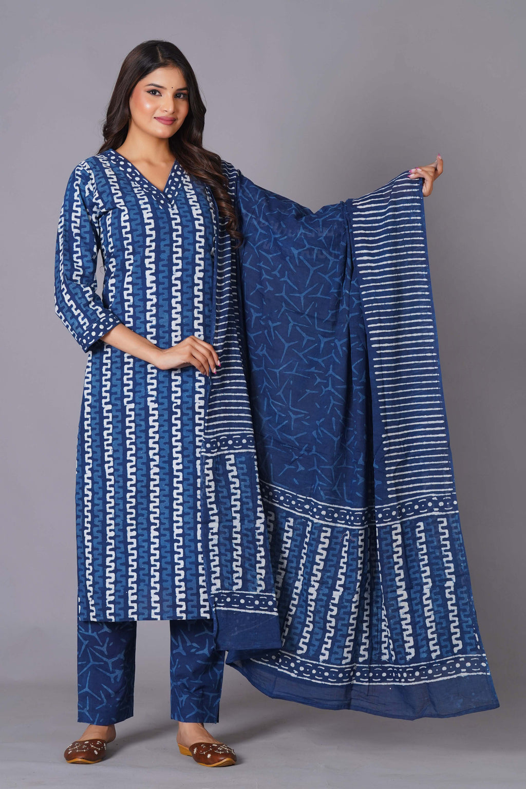 Indigo Maze Handblock Cotton Suit Set