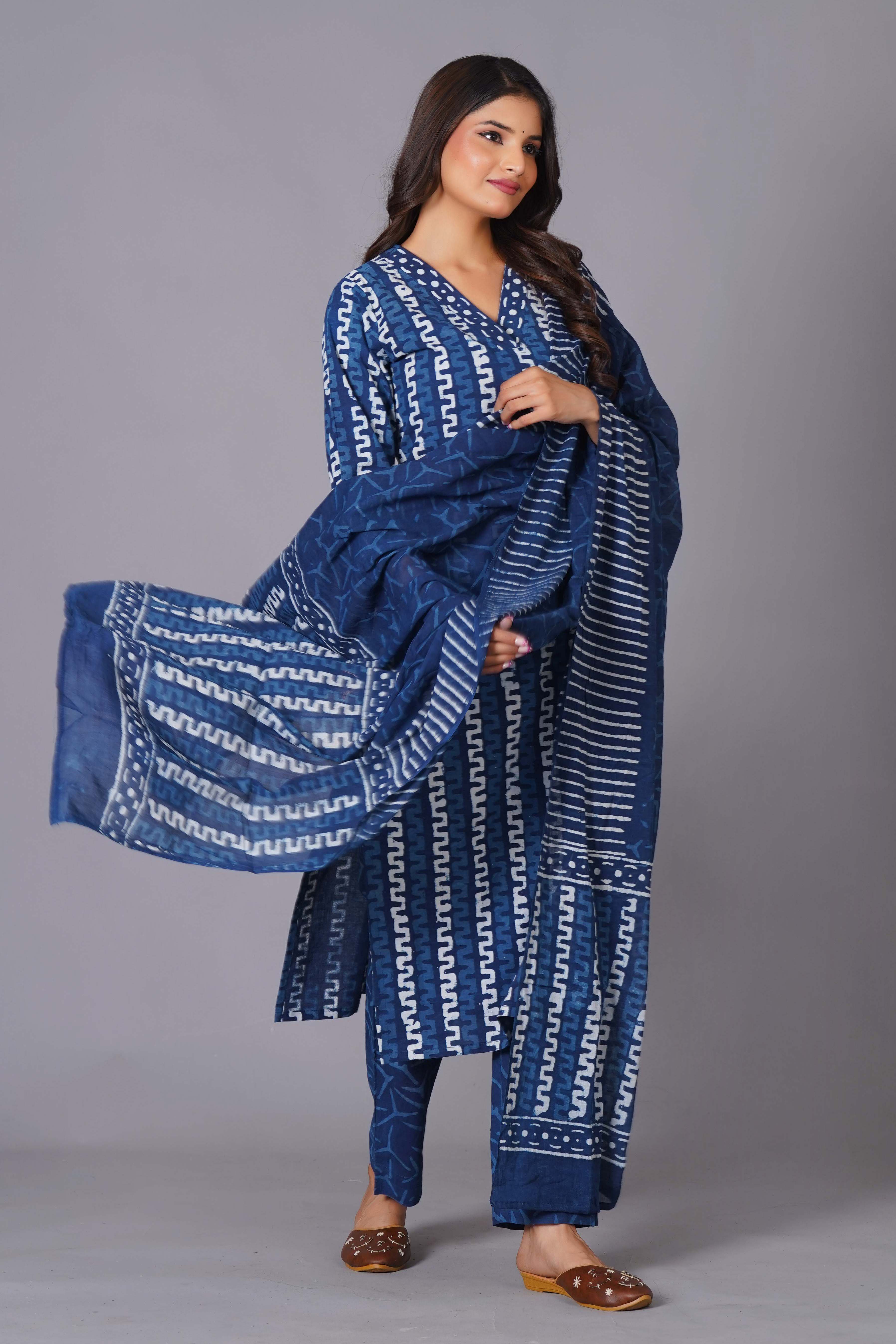 Indigo Maze Handblock Cotton Suit Set