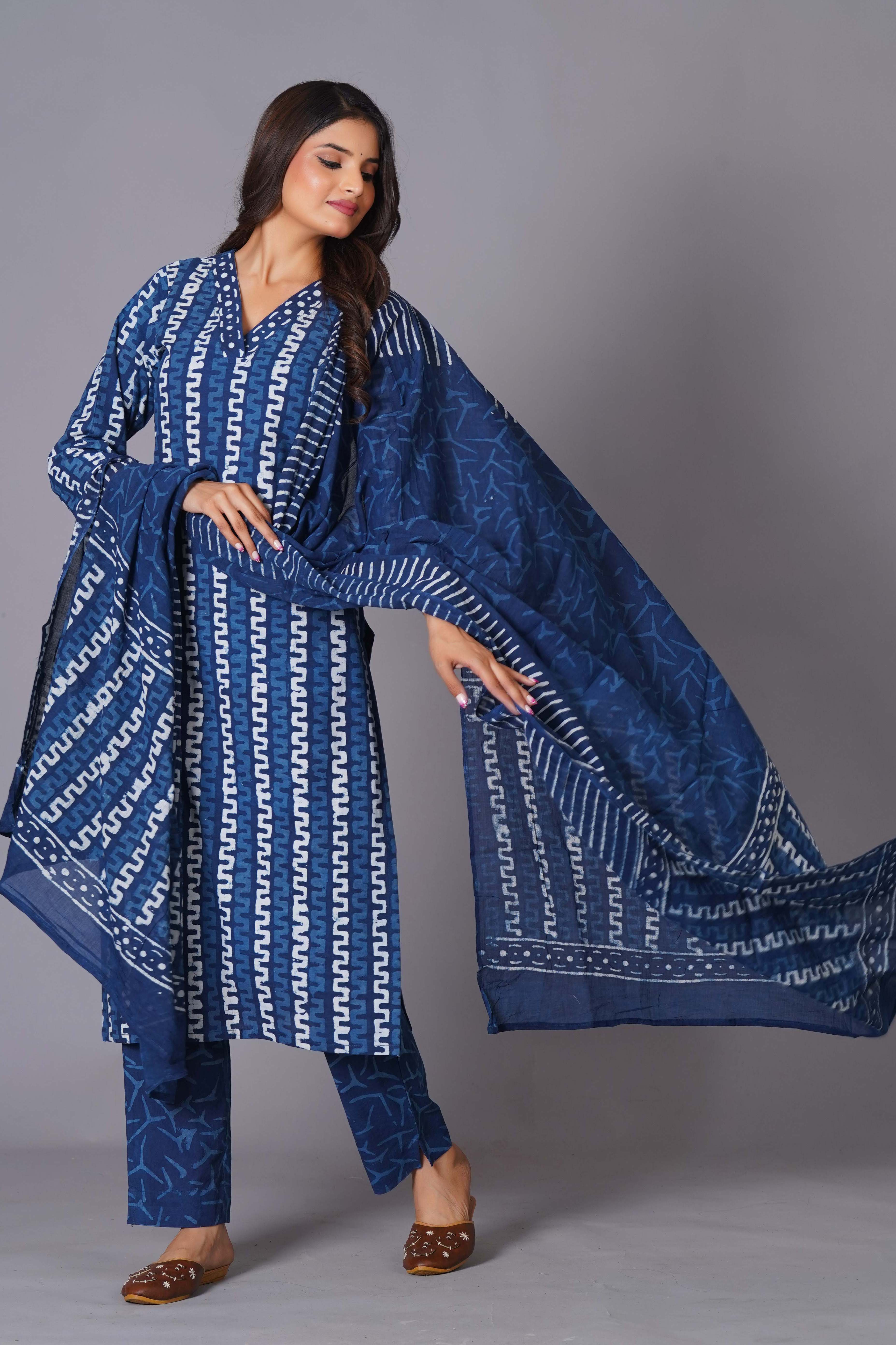Indigo Maze Handblock Cotton Suit Set