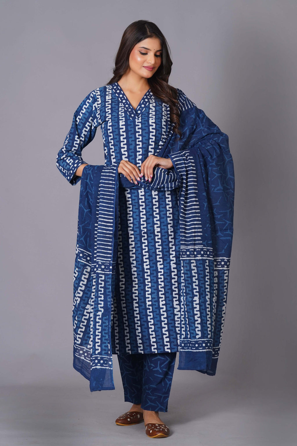 Indigo Maze Handblock Cotton Suit Set
