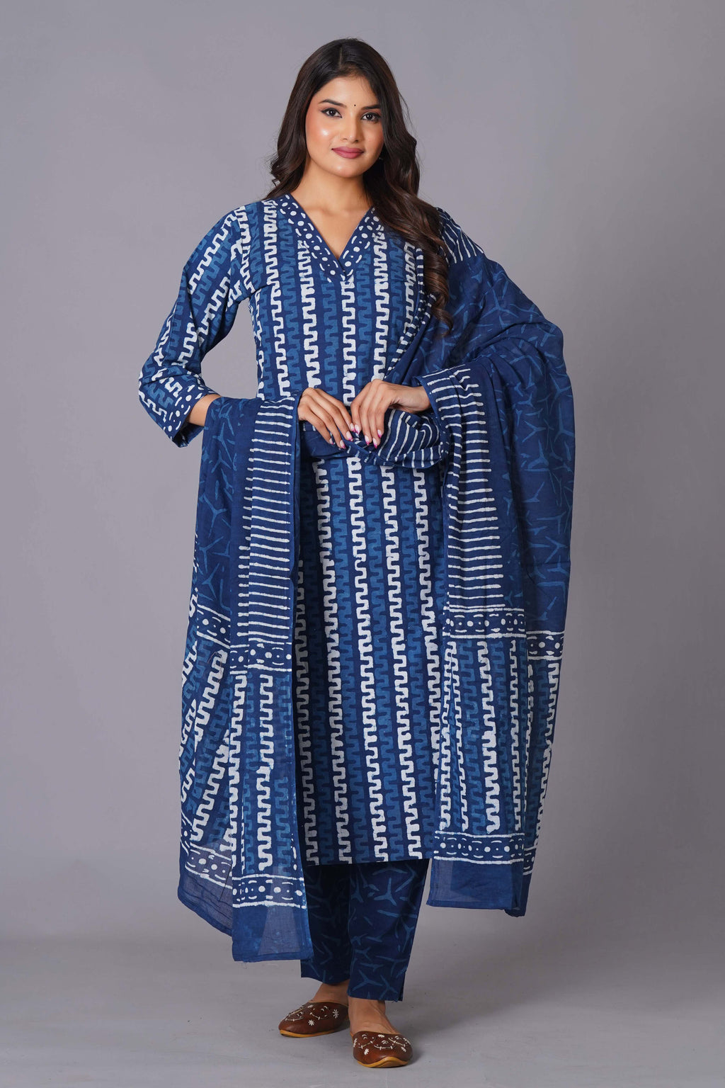 Indigo Maze Handblock Cotton Suit Set