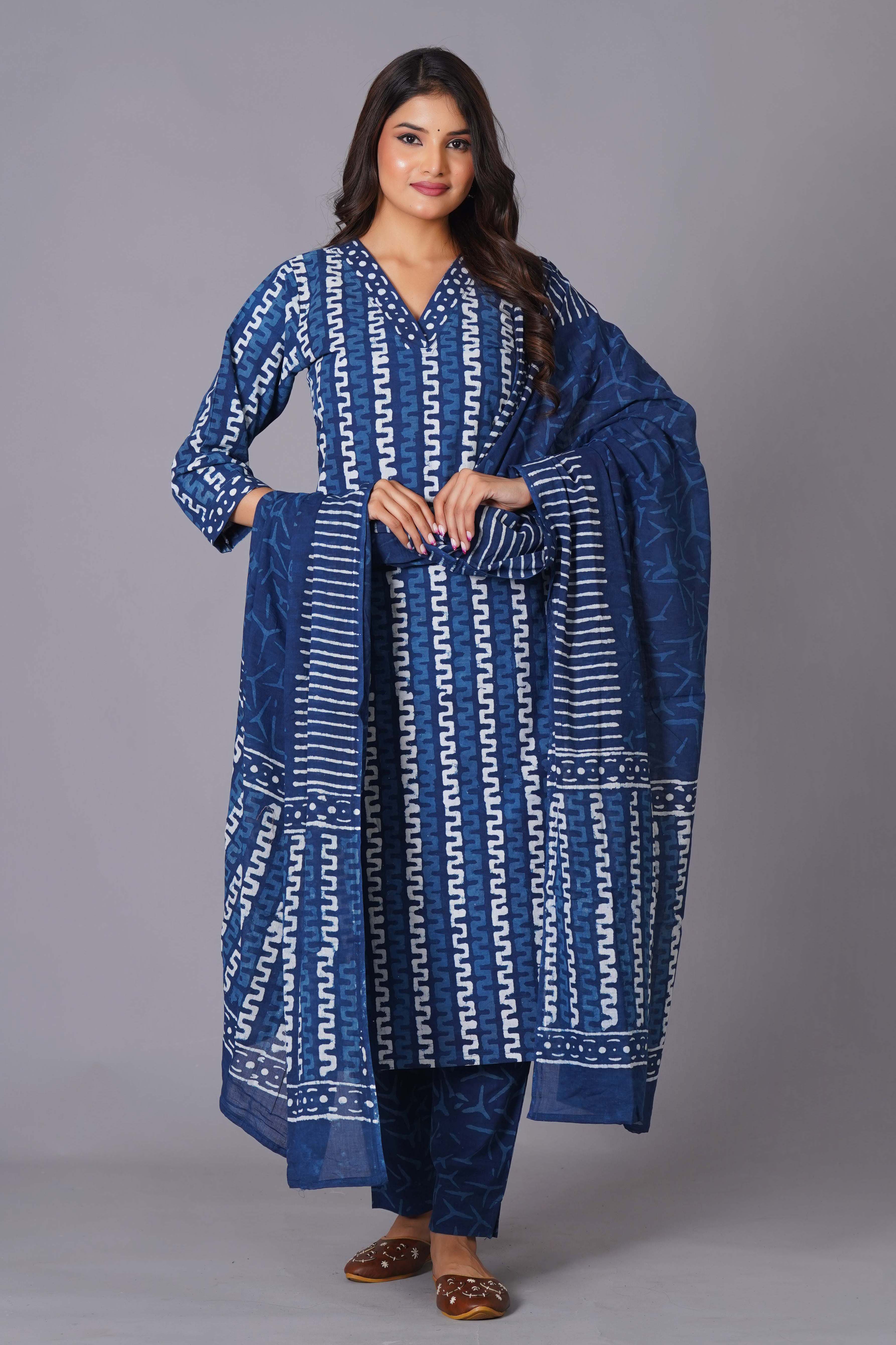 Indigo Maze Handblock Cotton Suit Set