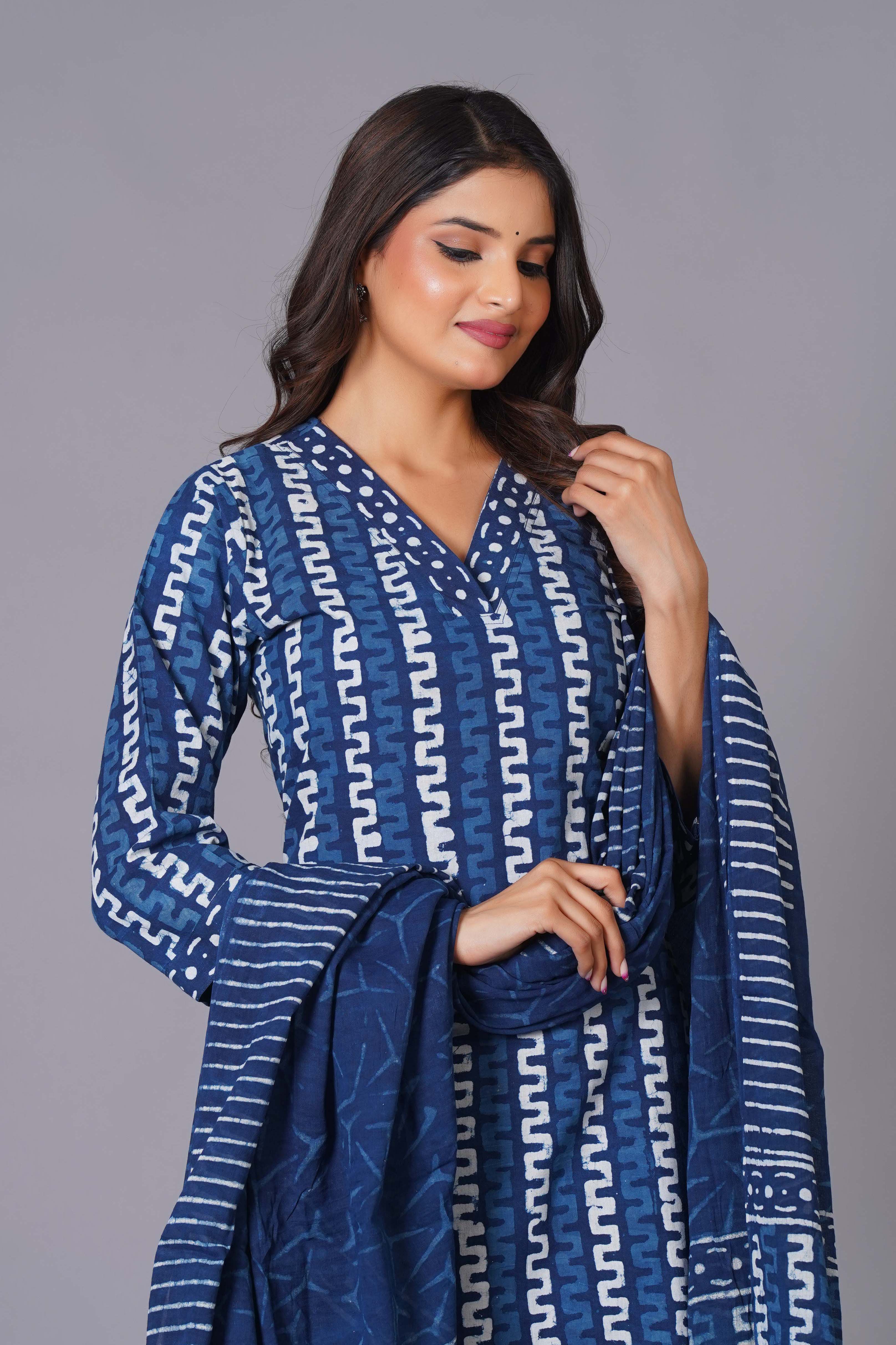 Indigo Maze Handblock Cotton Suit Set