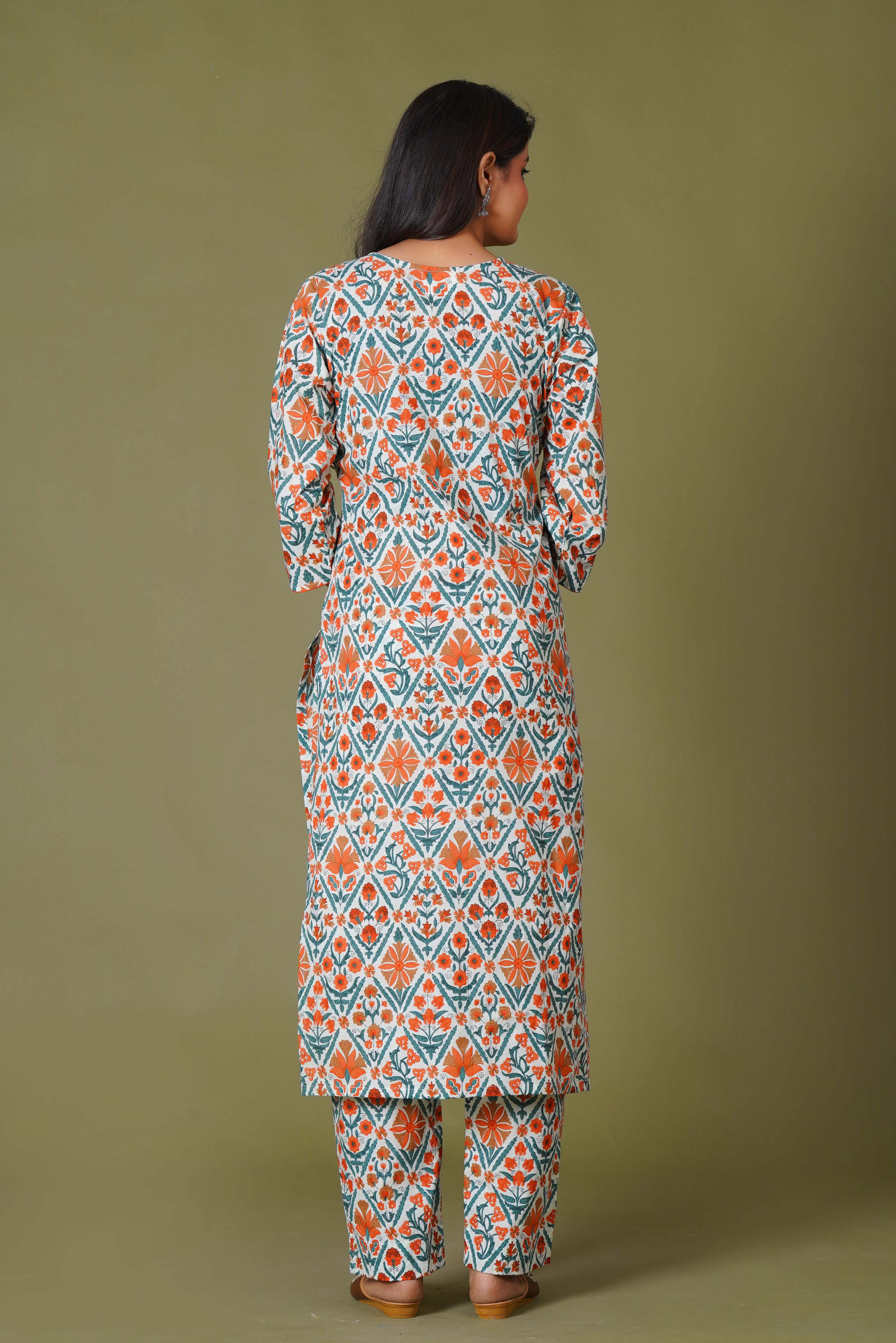 Tangerine Mosaic Handblock Cotton Suit Set