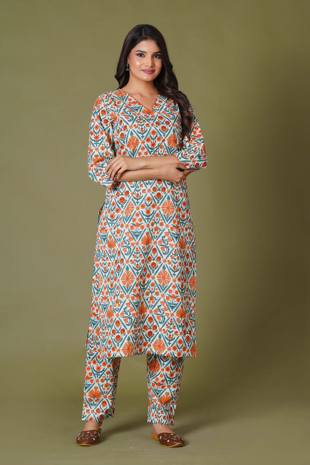 Tangerine Mosaic Handblock Cotton Suit Set