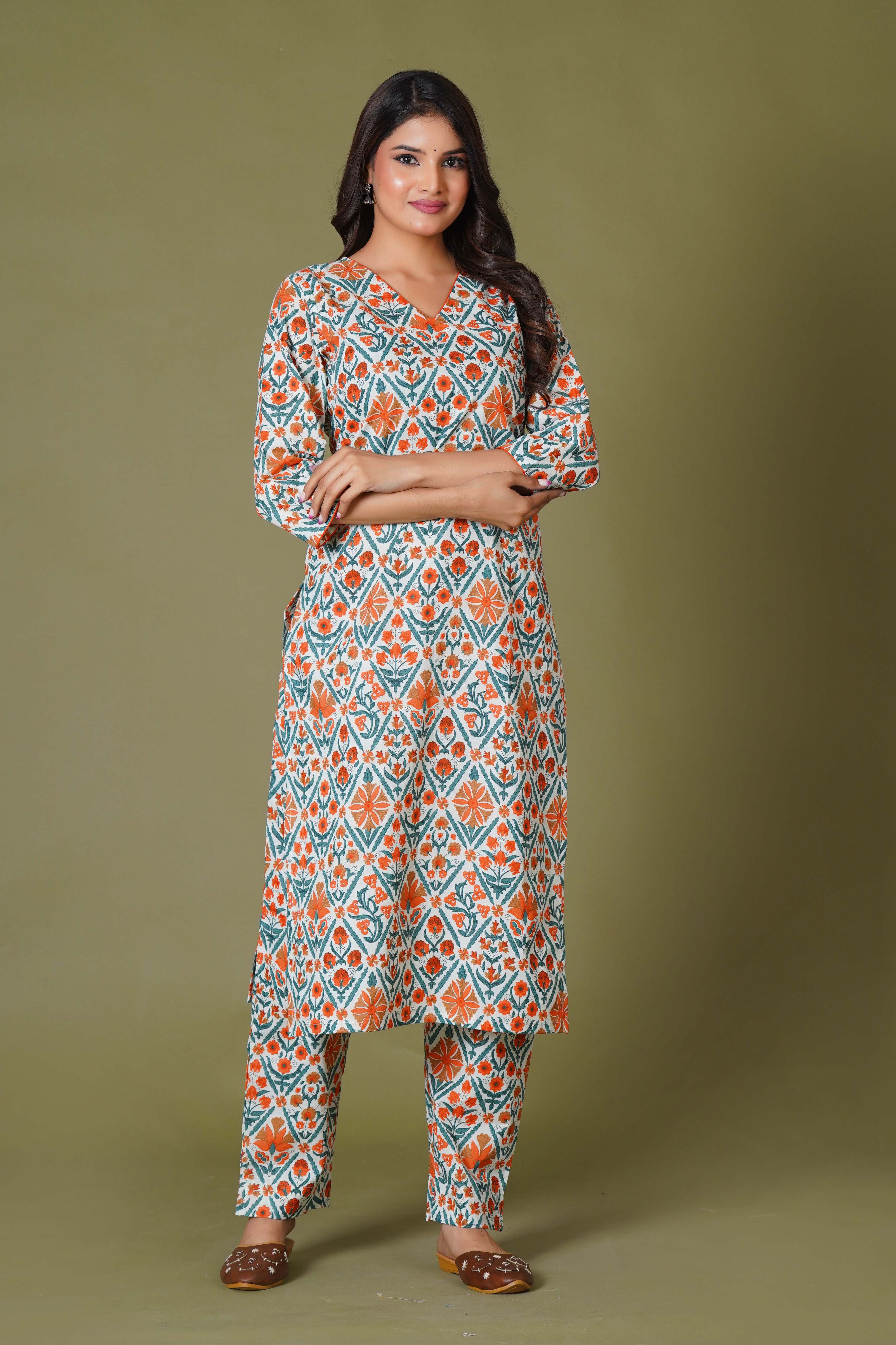 Tangerine Mosaic Handblock Cotton Suit Set