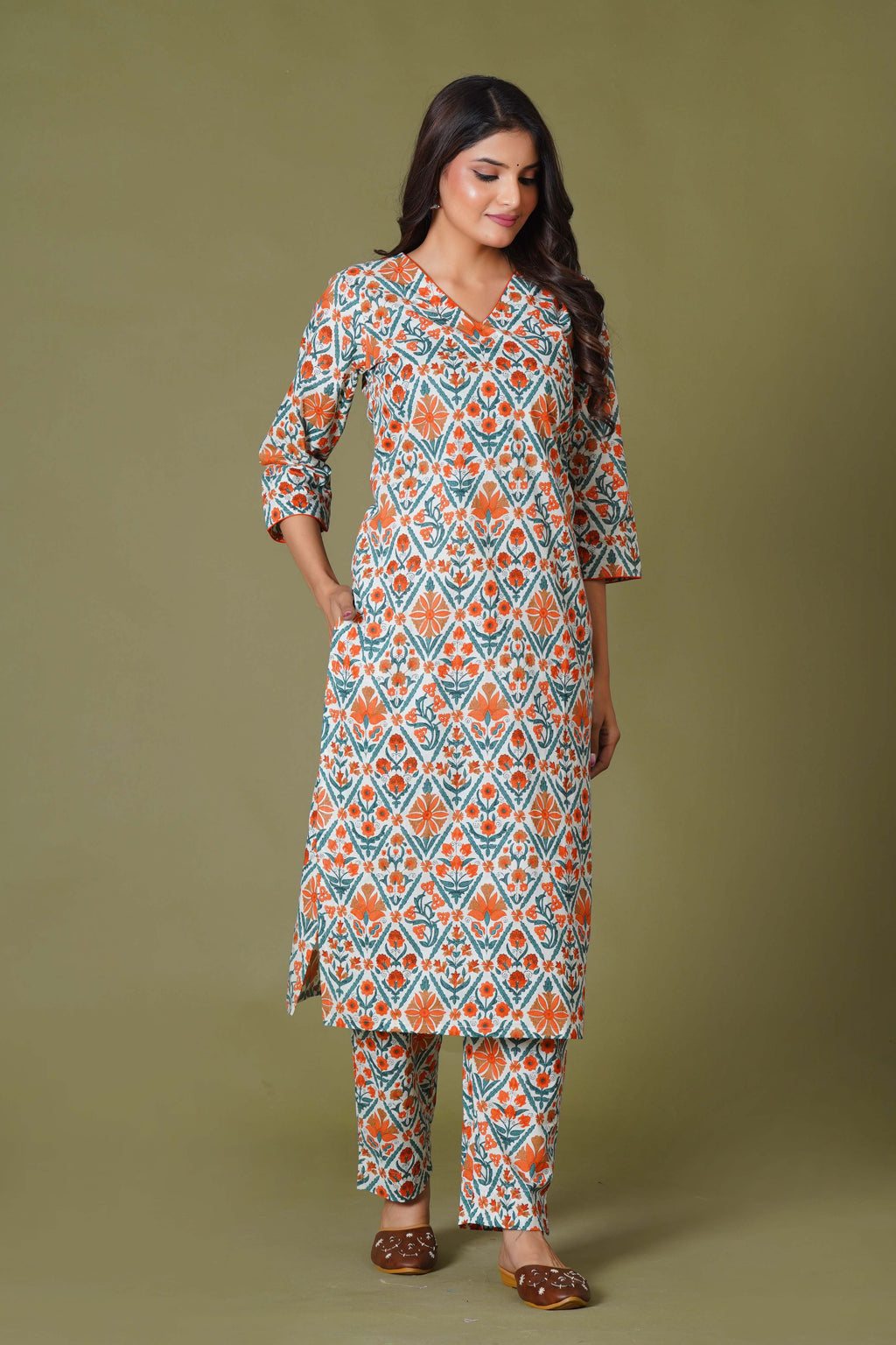 Tangerine Mosaic Handblock Cotton Suit Set