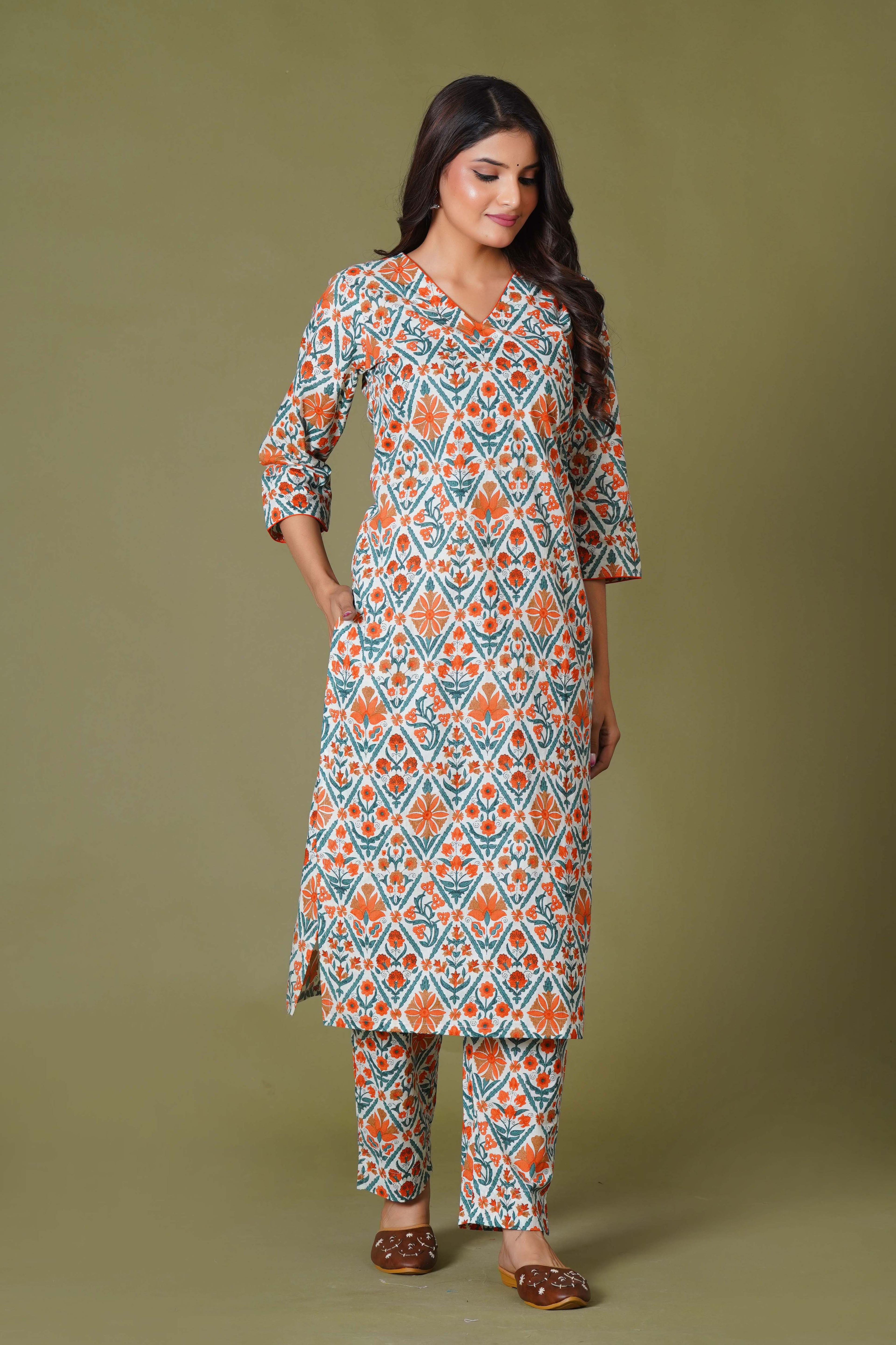 Tangerine Mosaic Handblock Cotton Suit Set