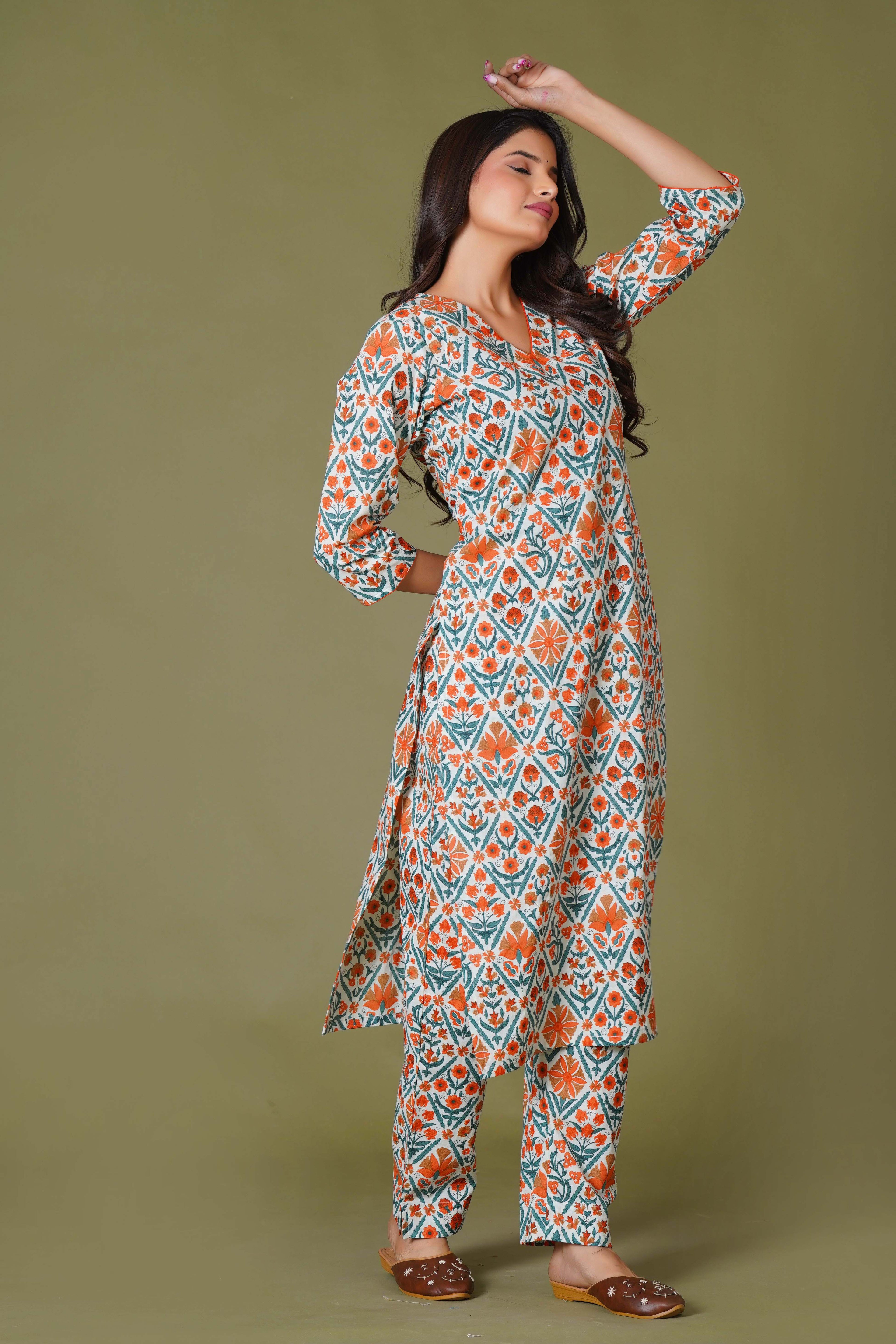 Tangerine Mosaic Handblock Cotton Suit Set