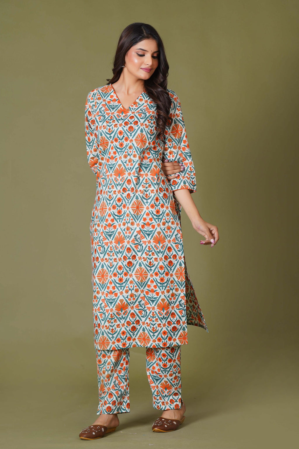 Tangerine Mosaic Handblock Cotton Suit Set