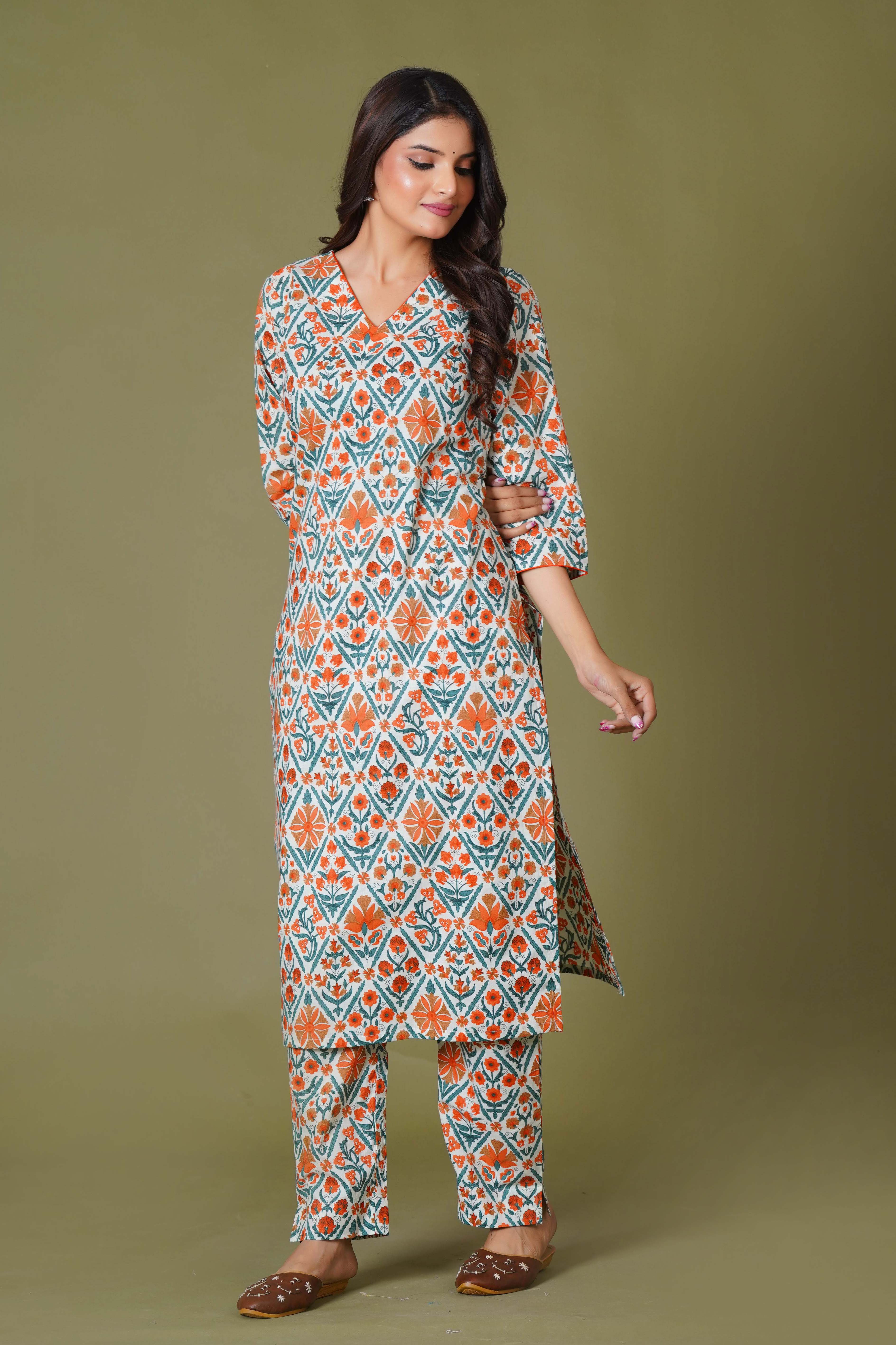 Tangerine Mosaic Handblock Cotton Suit Set