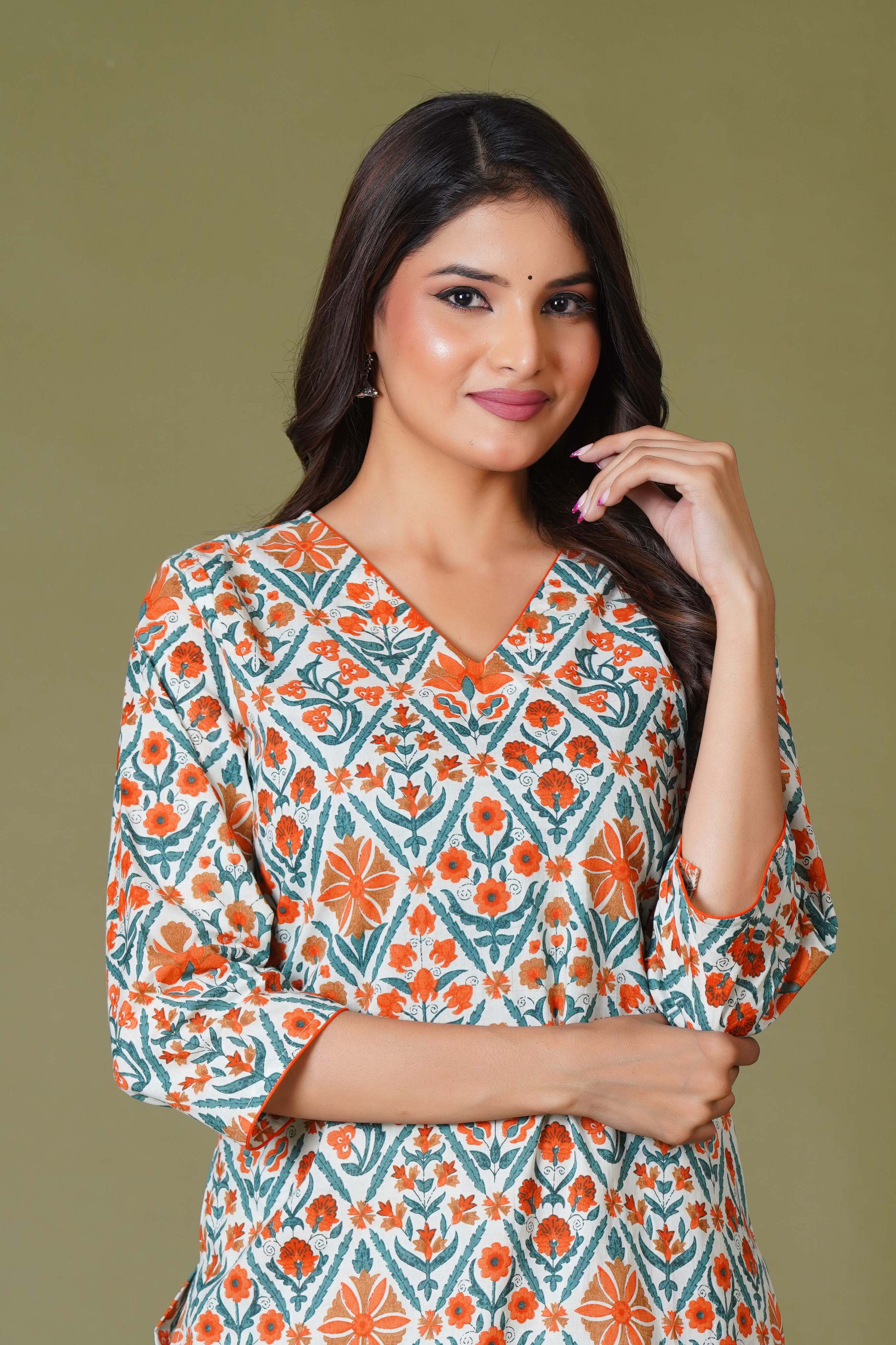 Tangerine Mosaic Handblock Cotton Suit Set