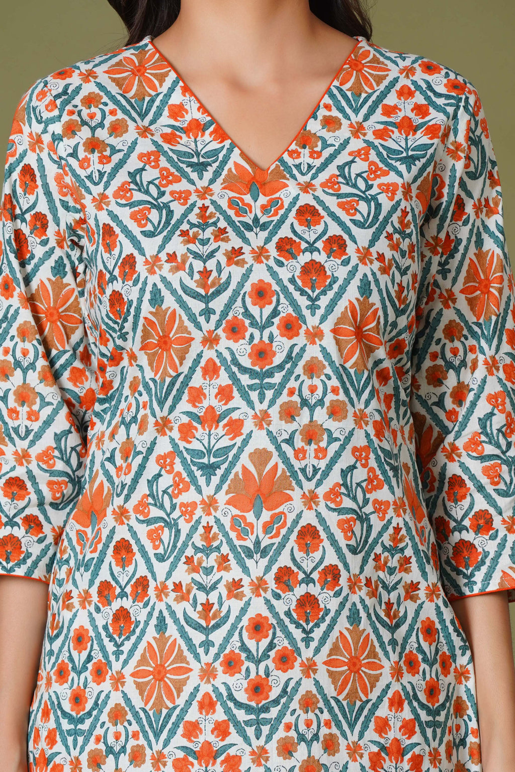 Tangerine Mosaic Handblock Cotton Suit Set