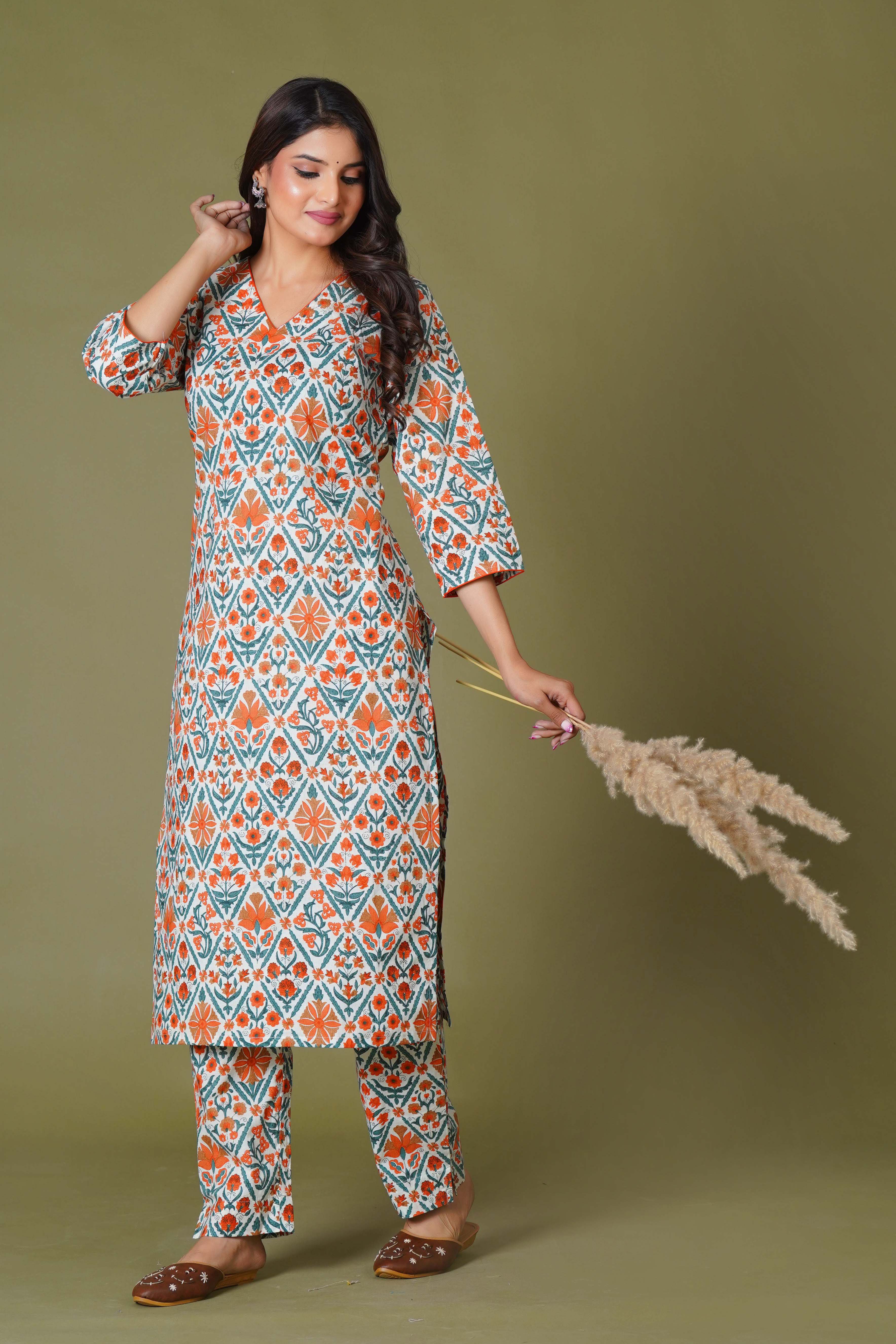 Tangerine Mosaic Handblock Cotton Suit Set