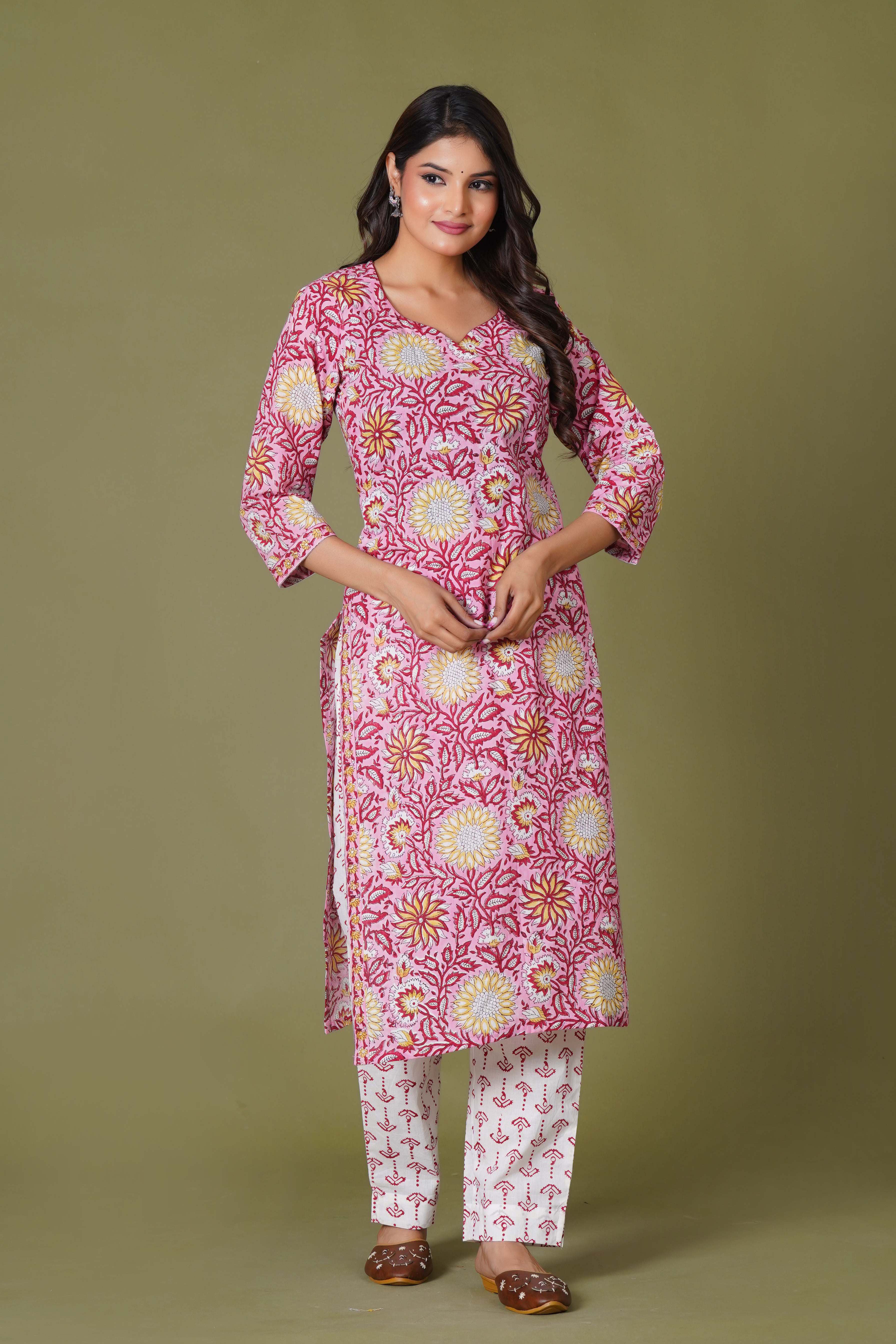 Rosy Radiance Handblock Cotton Suit Set