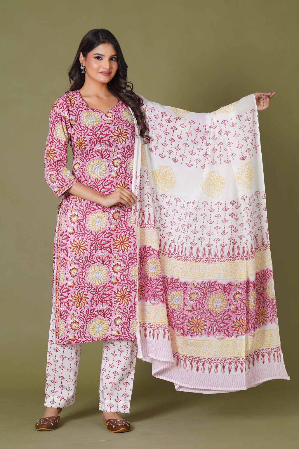 Rosy Radiance Handblock Cotton Suit Set