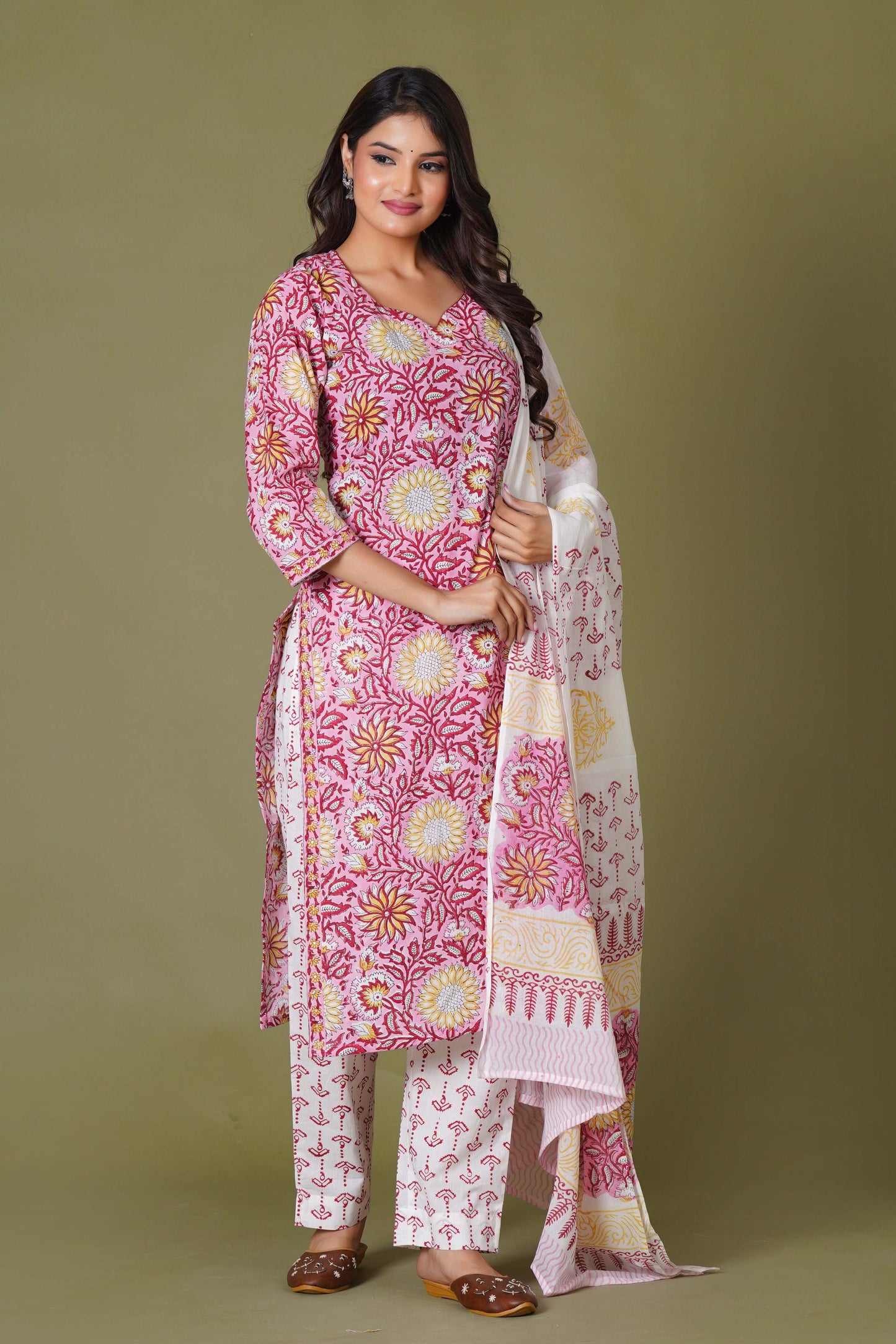 Rosy Radiance Handblock Cotton Suit Set