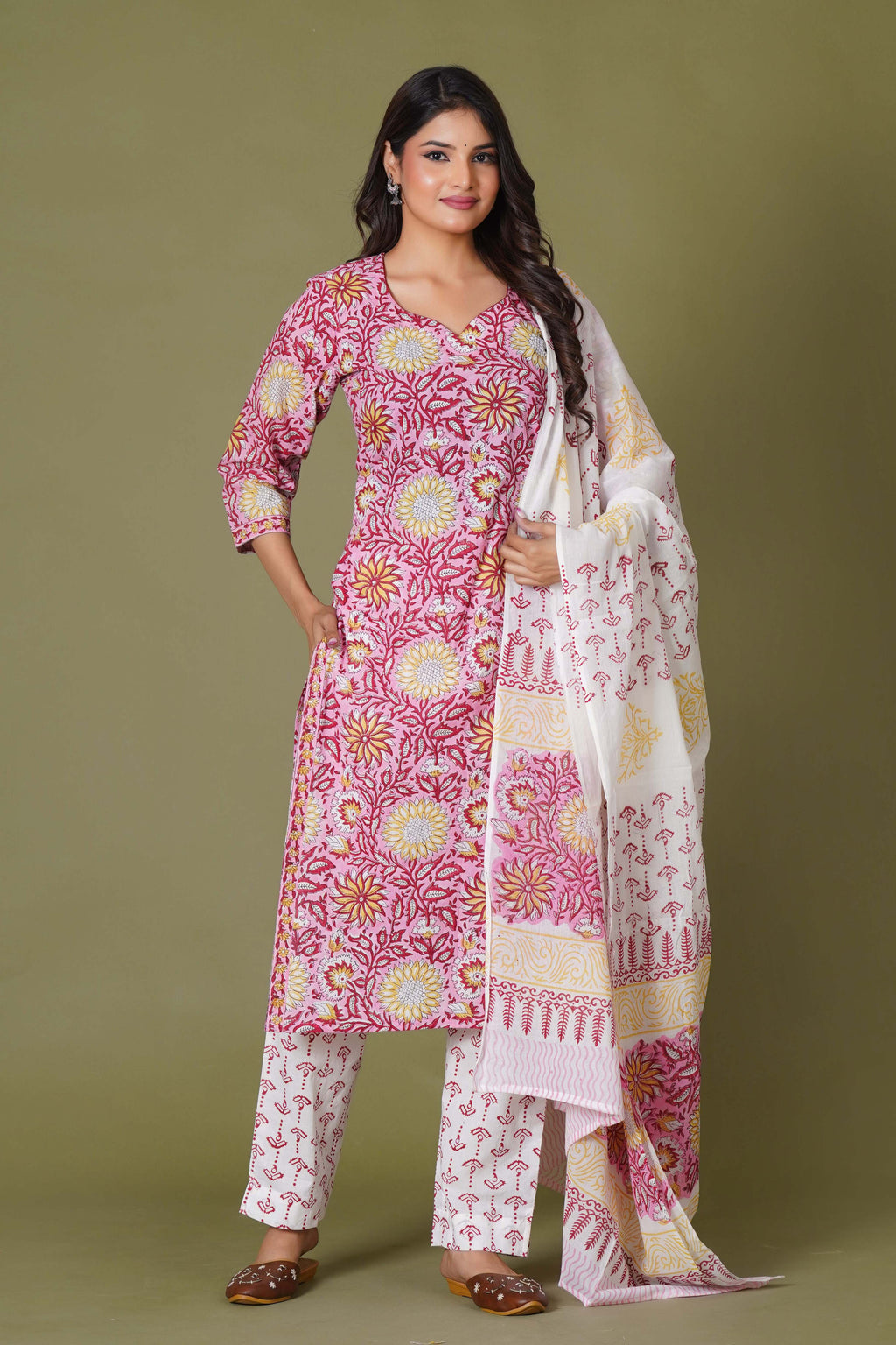 Rosy Radiance Handblock Cotton Suit Set