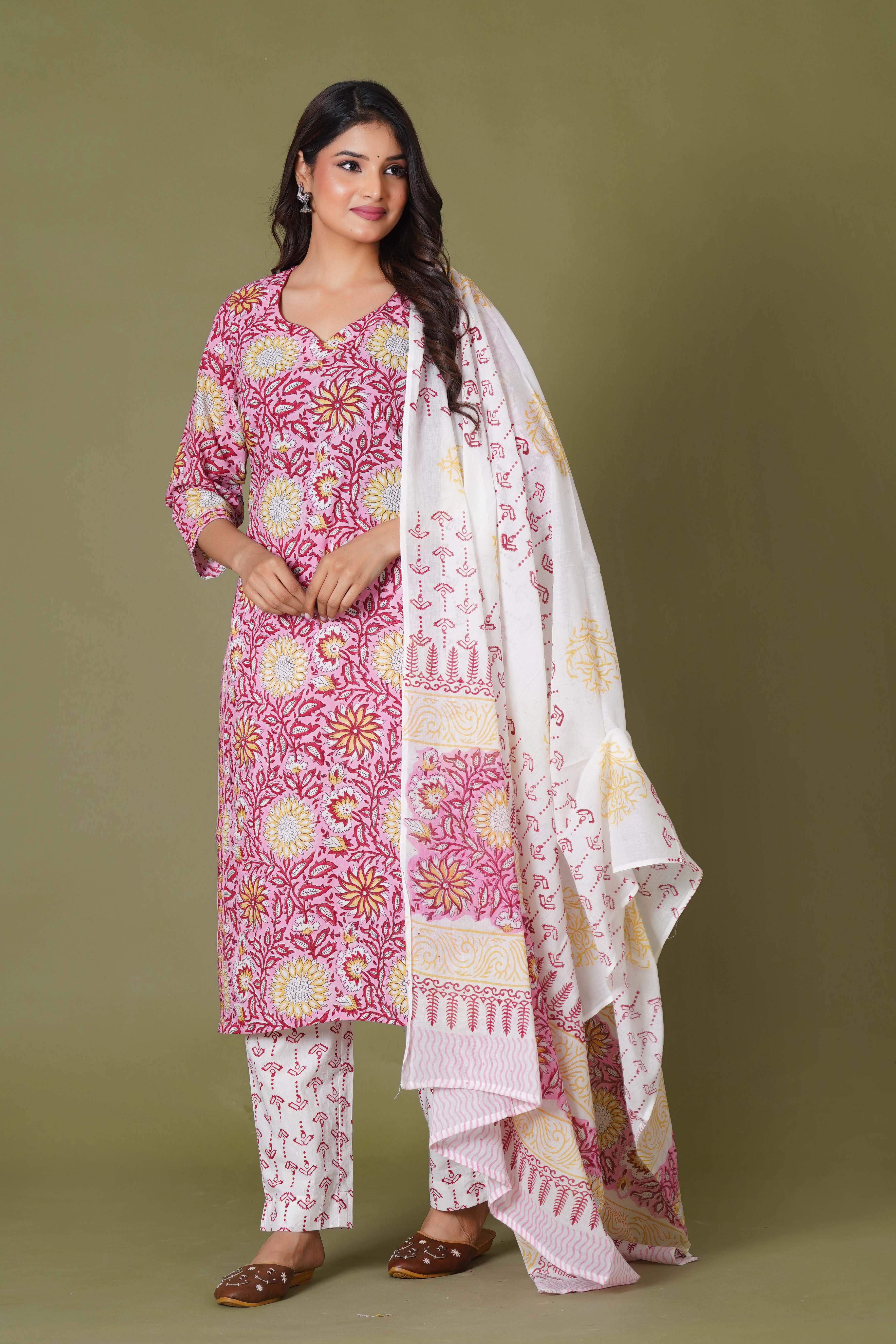 Rosy Radiance Handblock Cotton Suit Set