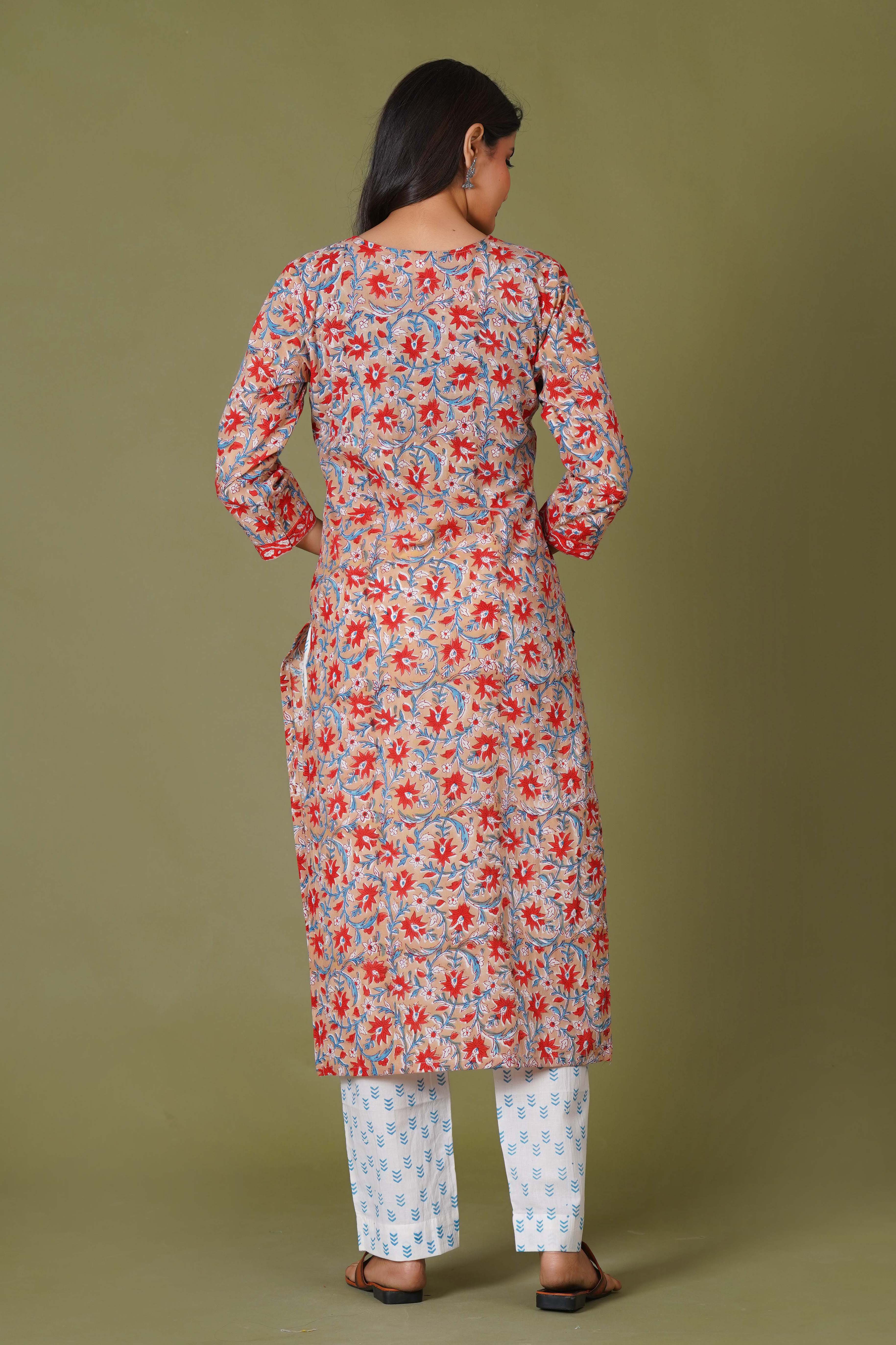 Crimson Bloom Handblock Cotton Suit Set