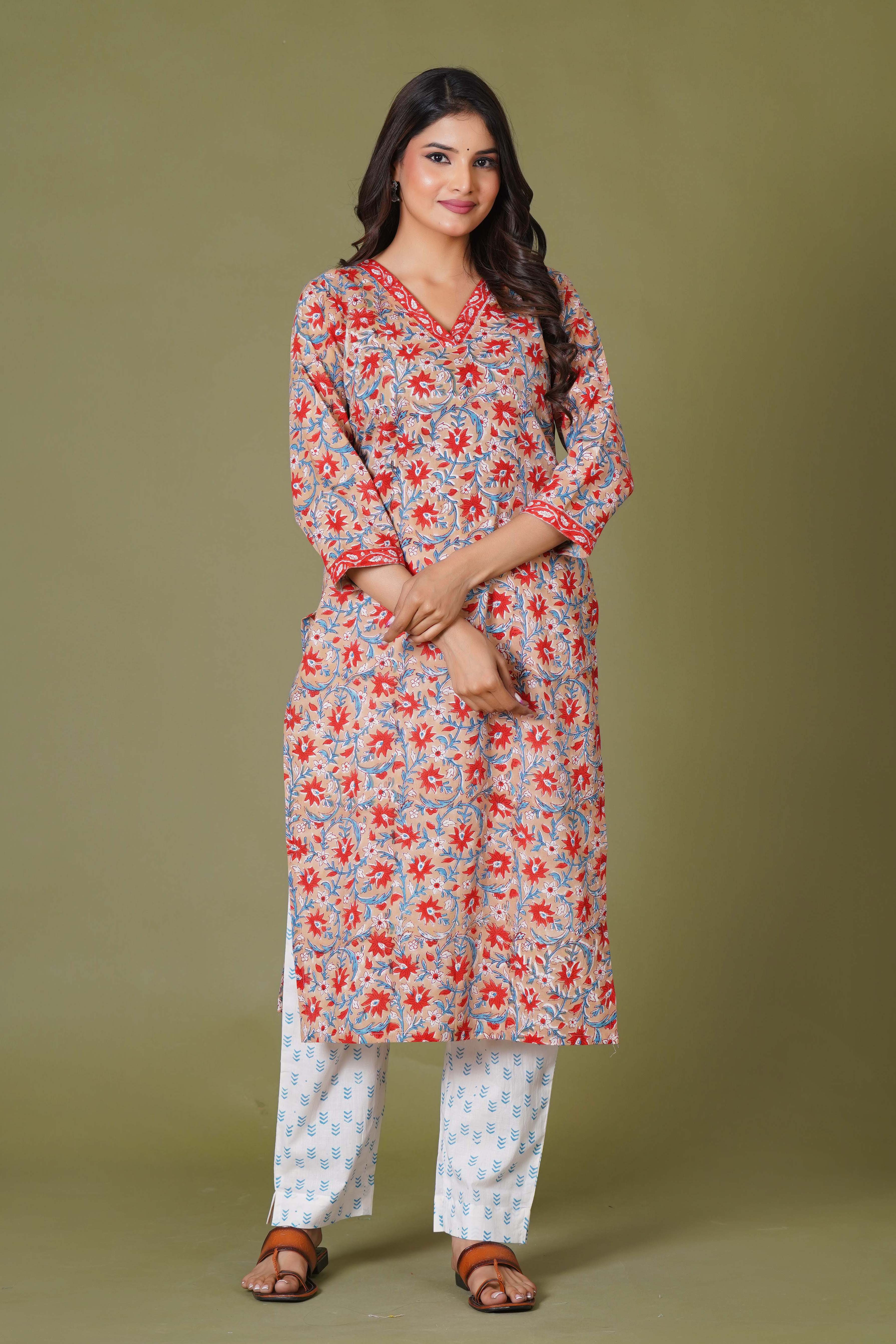 Crimson Bloom Handblock Cotton Suit Set