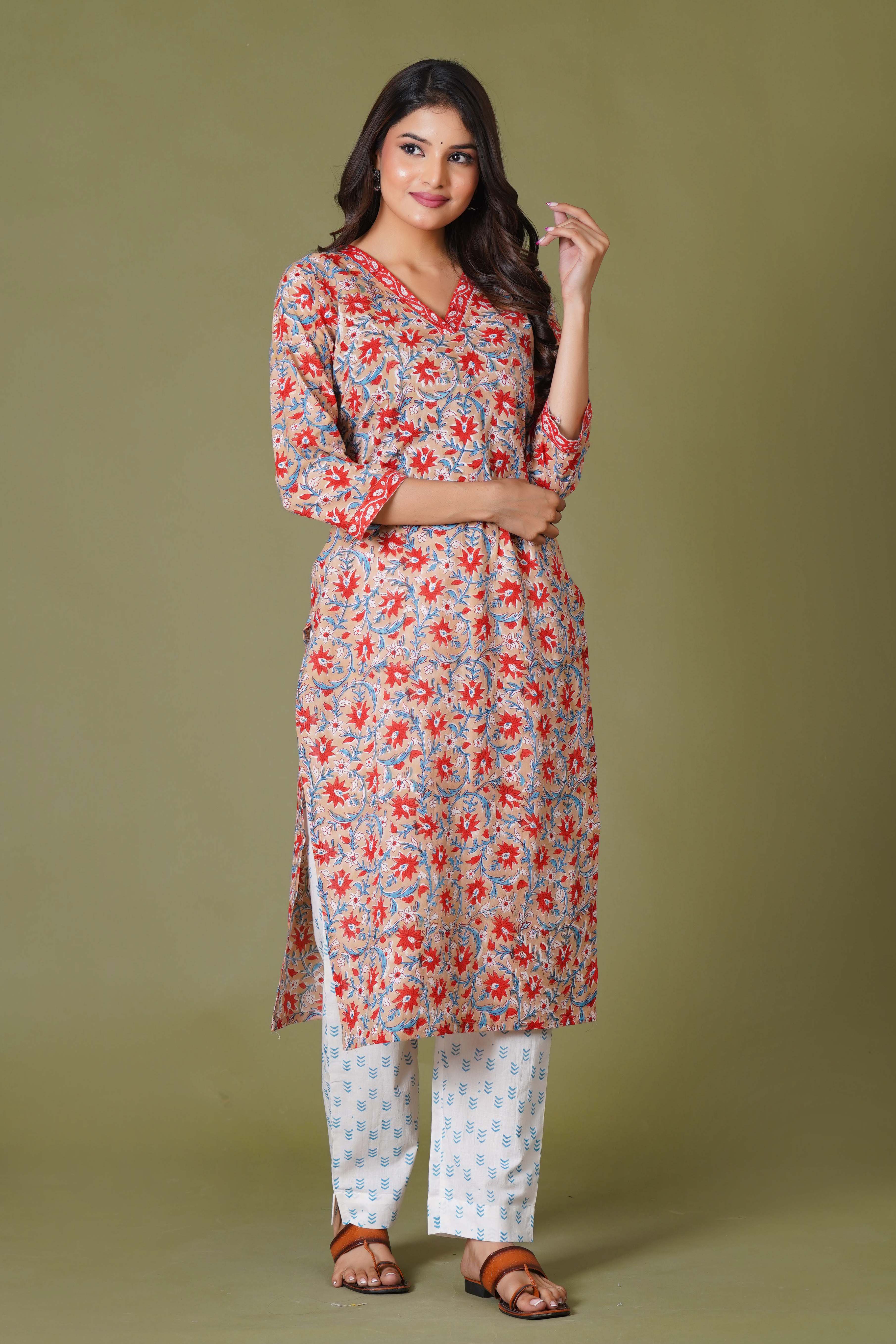 Crimson Bloom Handblock Cotton Suit Set