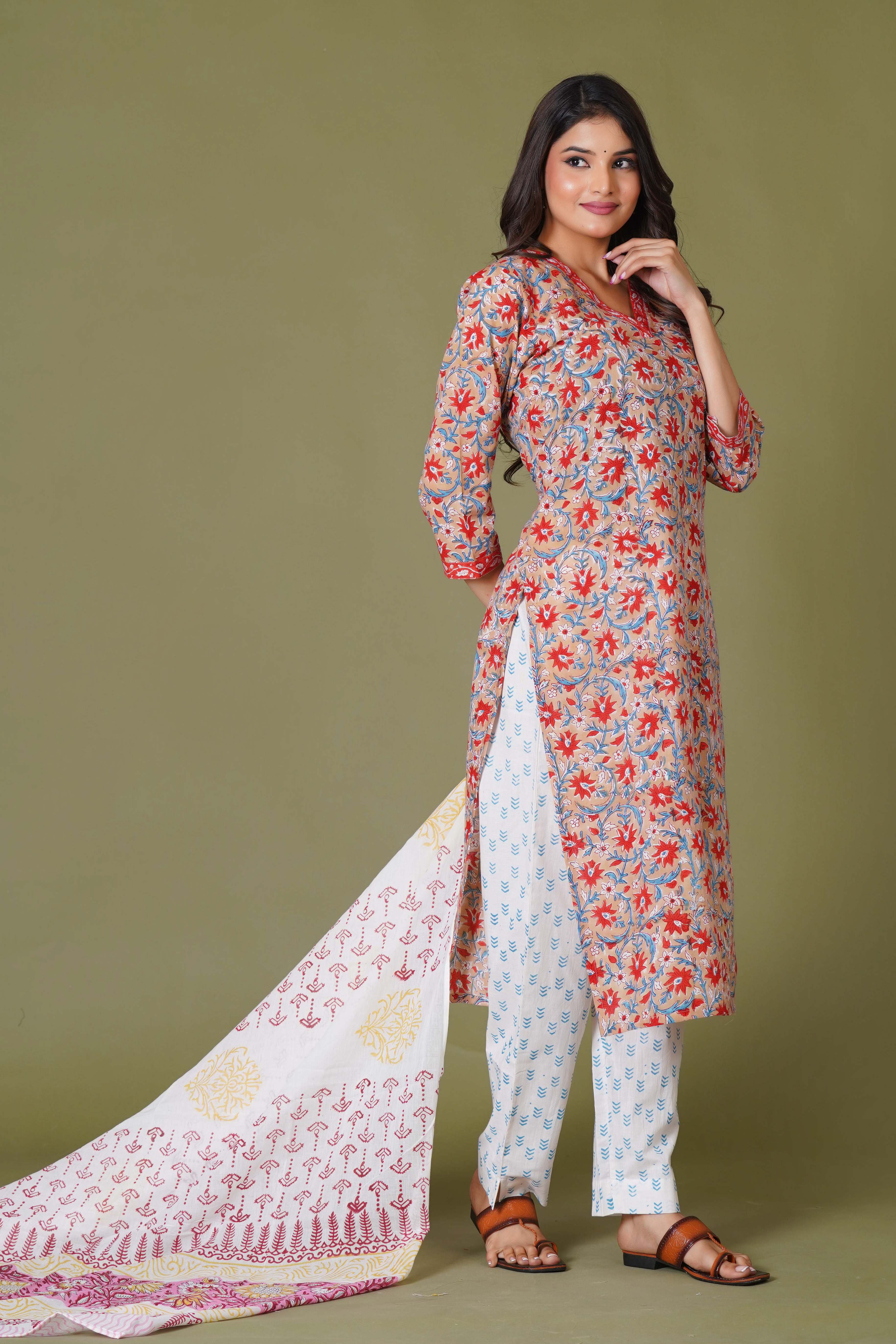 Crimson Bloom Handblock Cotton Suit Set