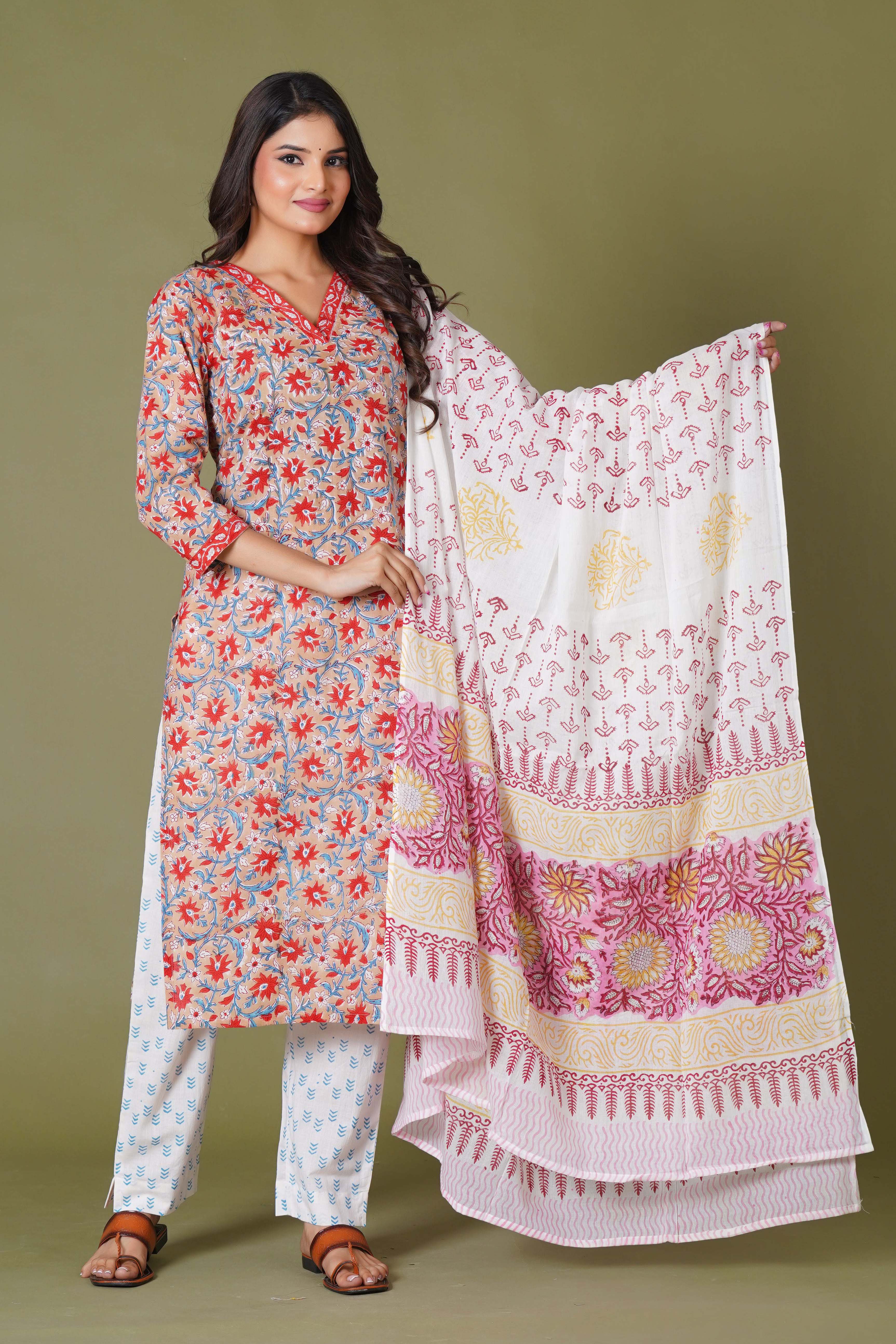 Crimson Bloom Handblock Cotton Suit Set