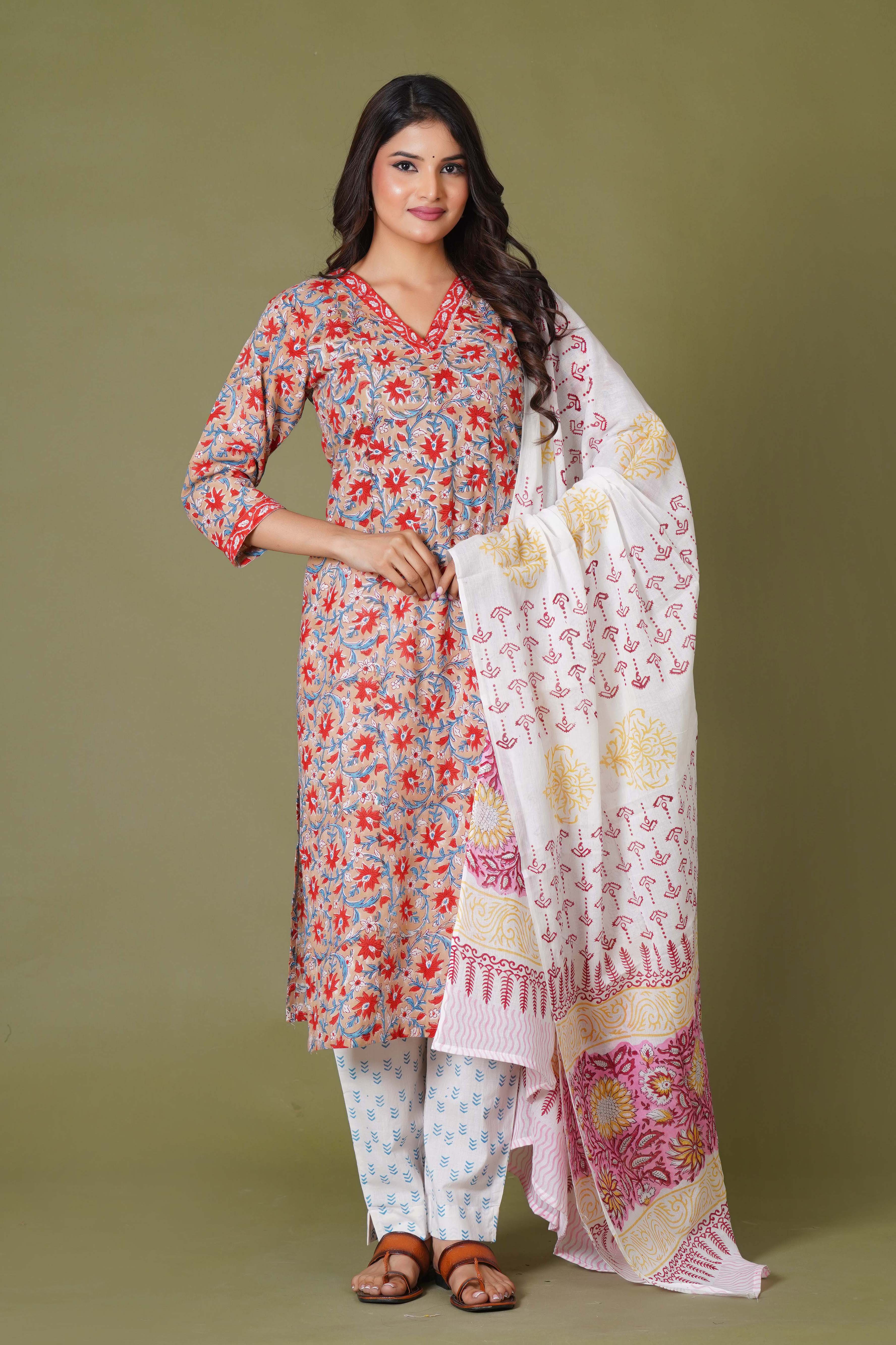 Crimson Bloom Handblock Cotton Suit Set