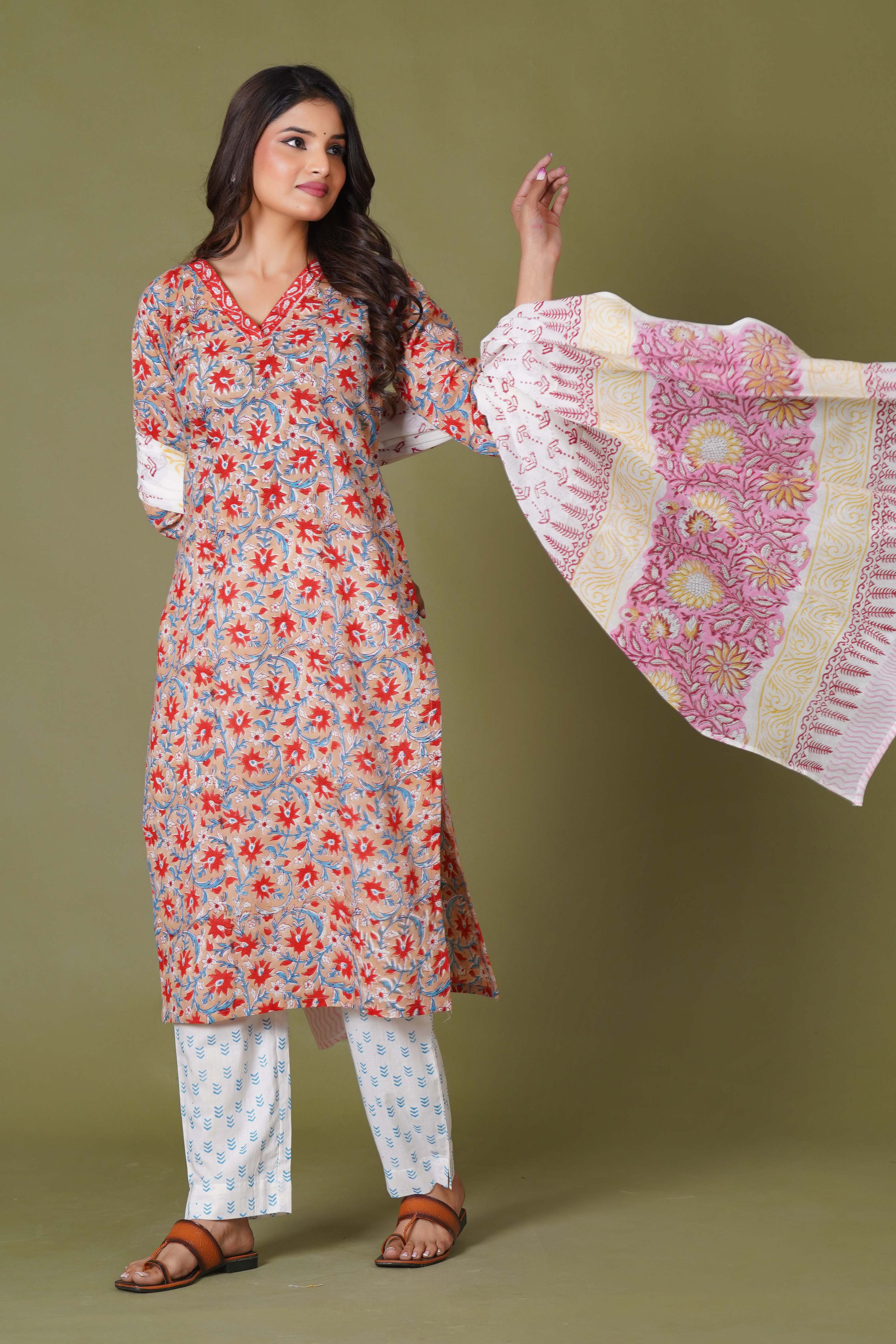 Crimson Bloom Handblock Cotton Suit Set