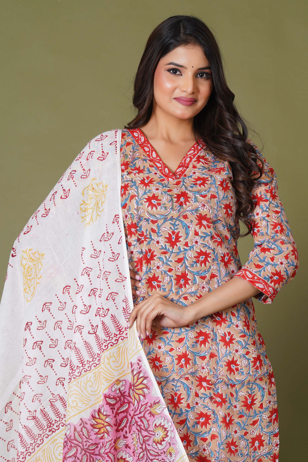 Crimson Bloom Handblock Cotton Suit Set