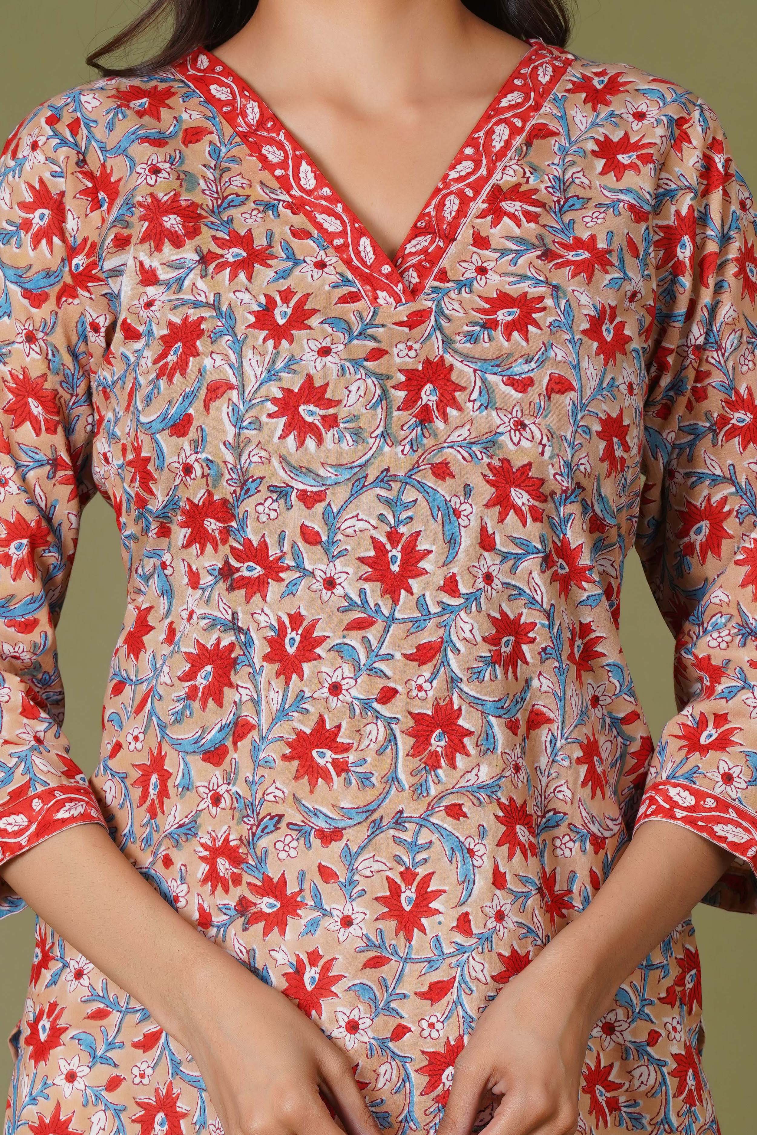 Crimson Bloom Handblock Cotton Suit Set