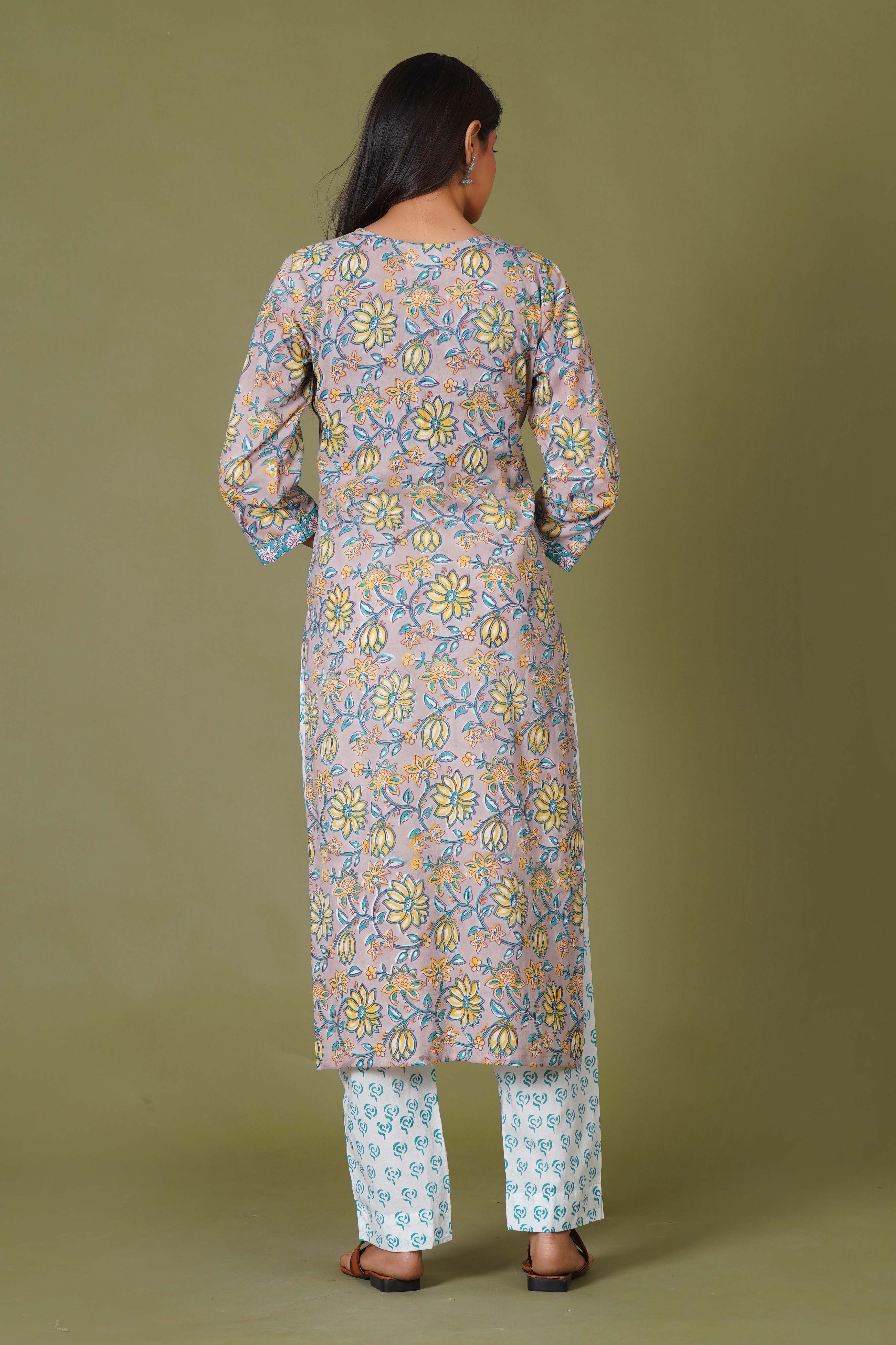 Sunlit Blossom Handblock Cotton Suit Set