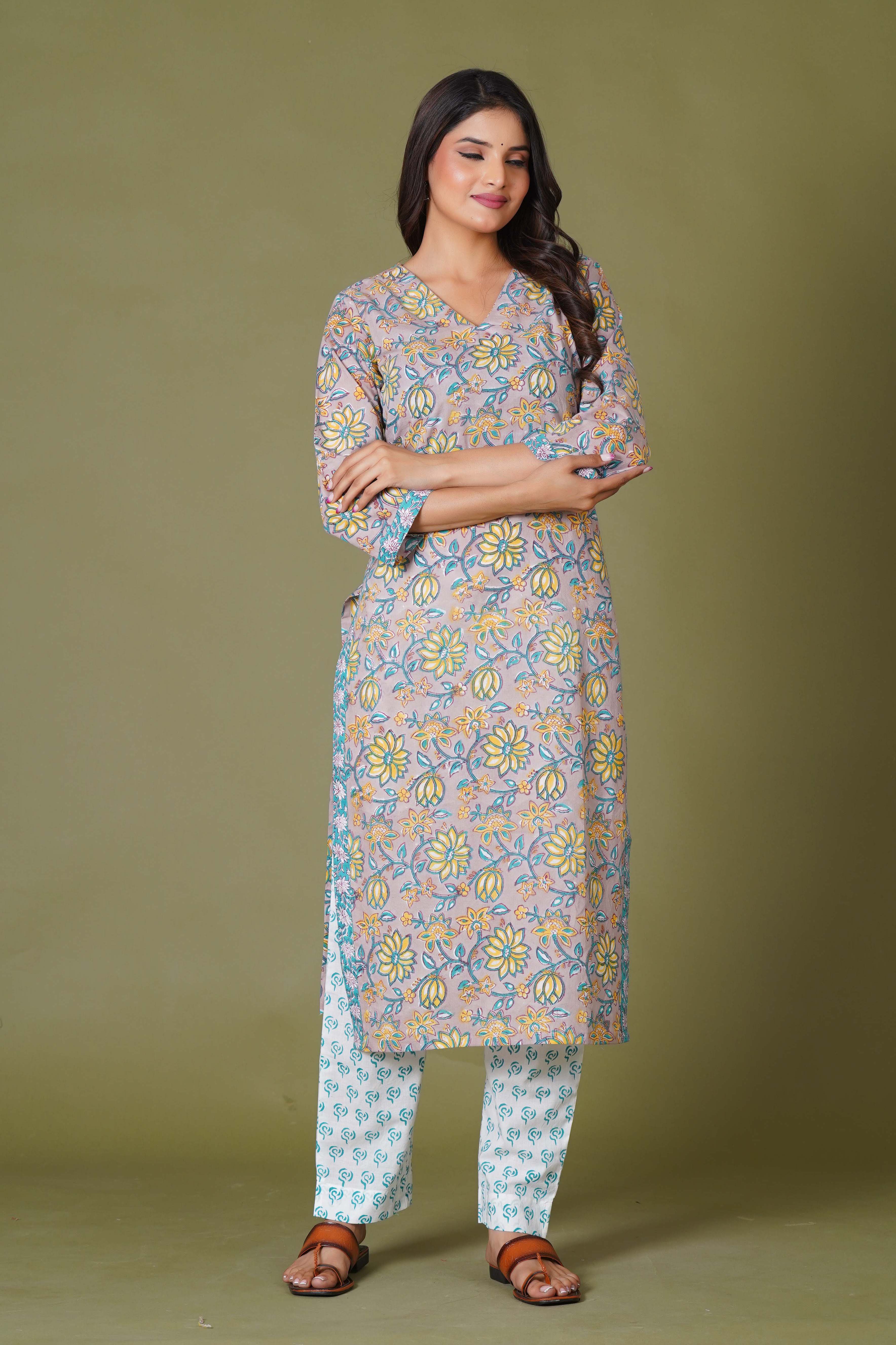 Sunlit Blossom Handblock Cotton Suit Set