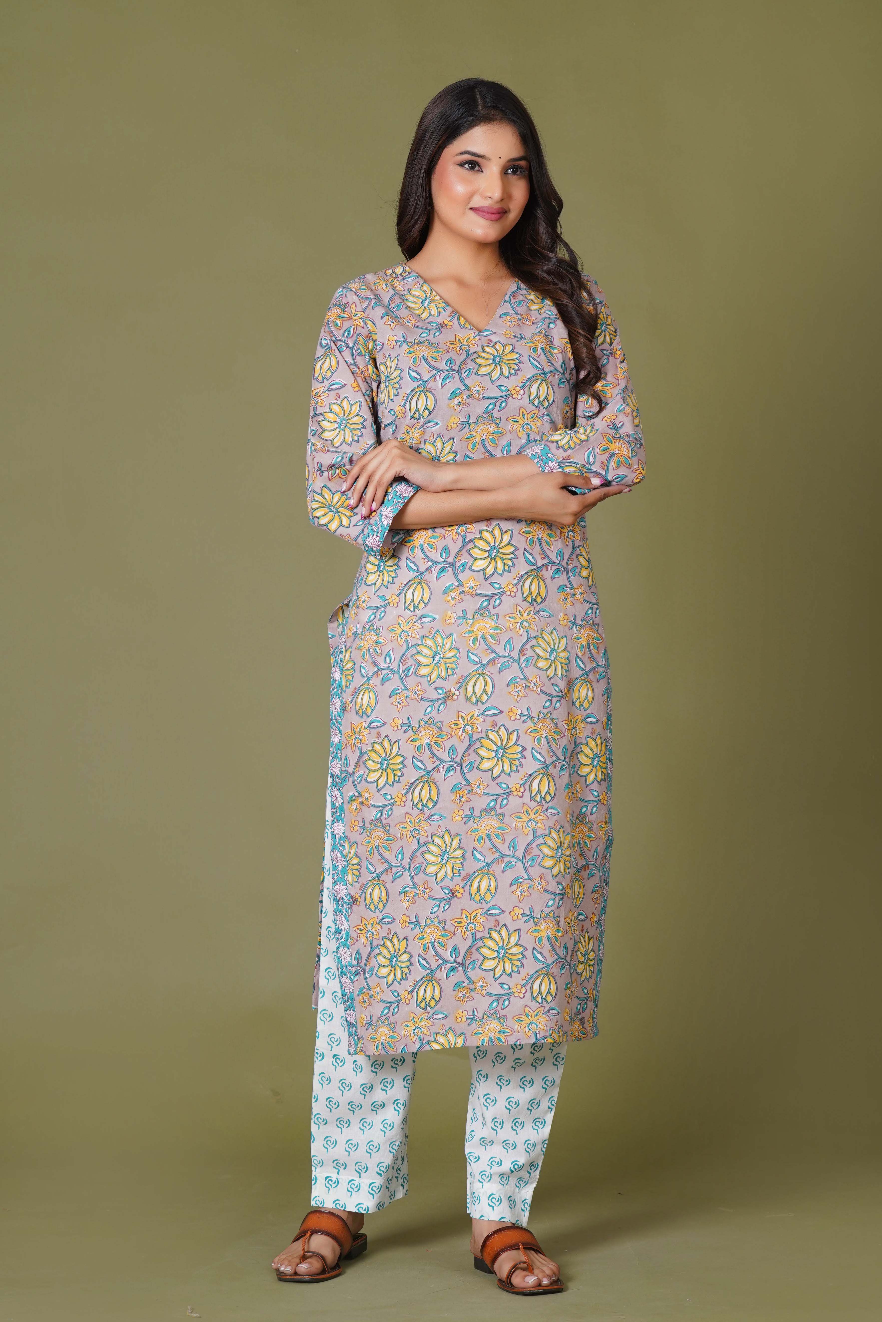 Sunlit Blossom Handblock Cotton Suit Set