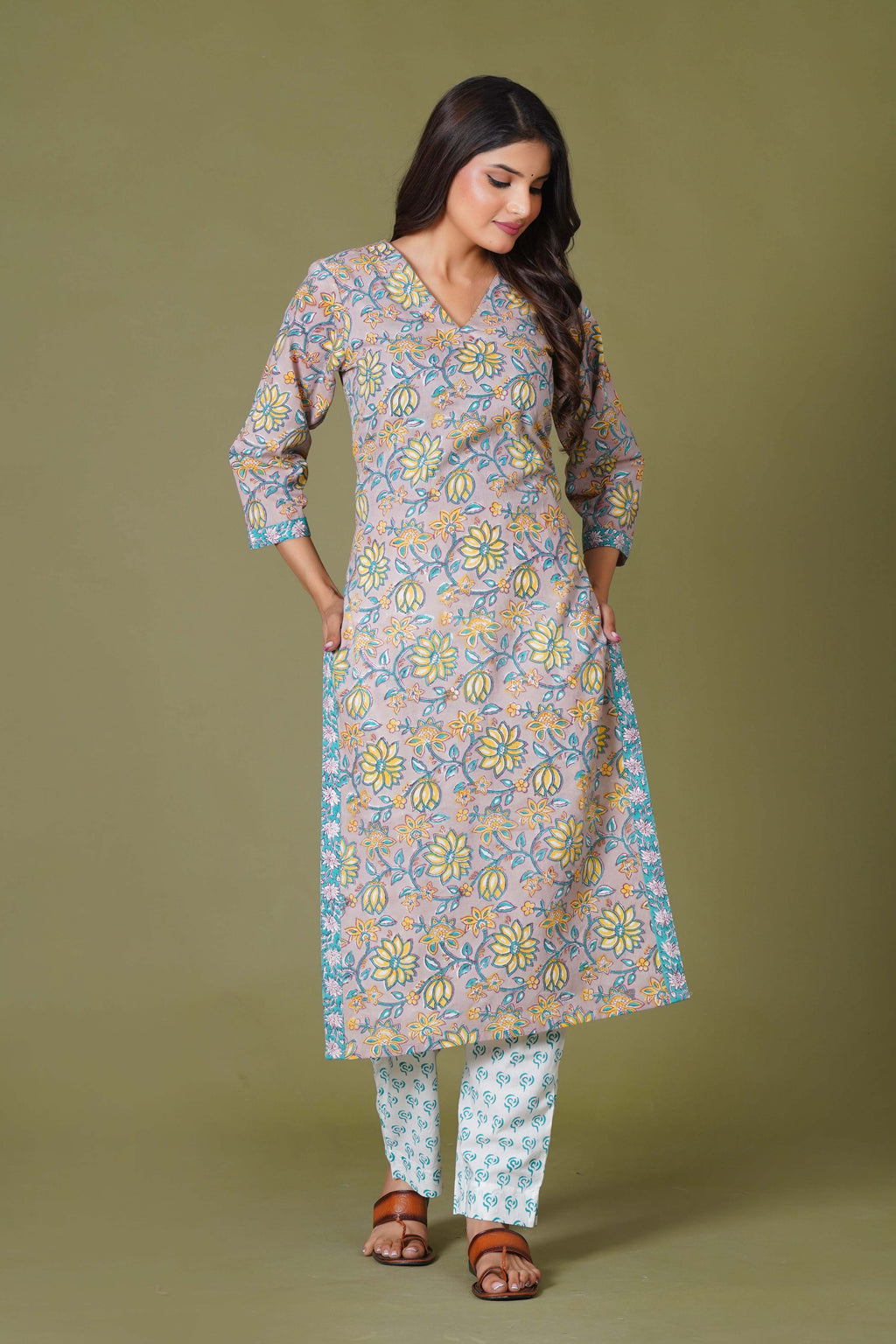 Sunlit Blossom Handblock Cotton Suit Set