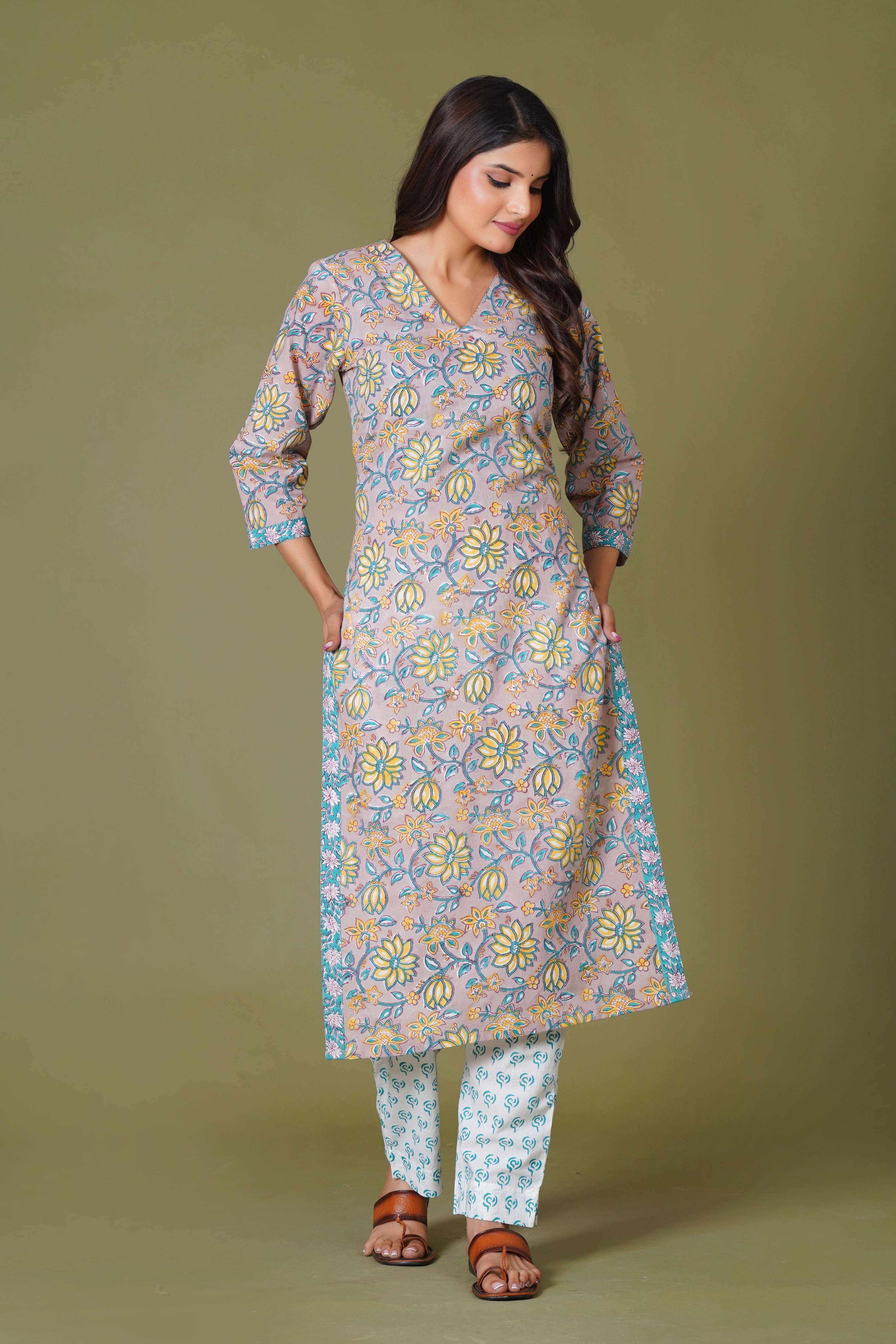 Sunlit Blossom Handblock Cotton Suit Set