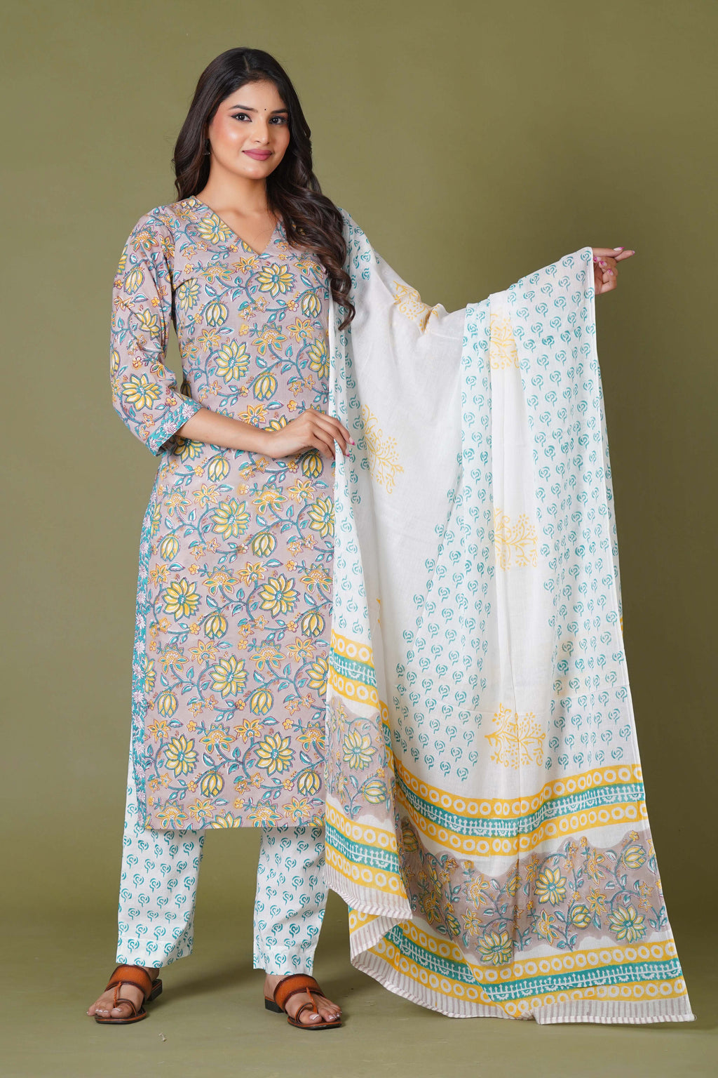 Sunlit Blossom Handblock Cotton Suit Set