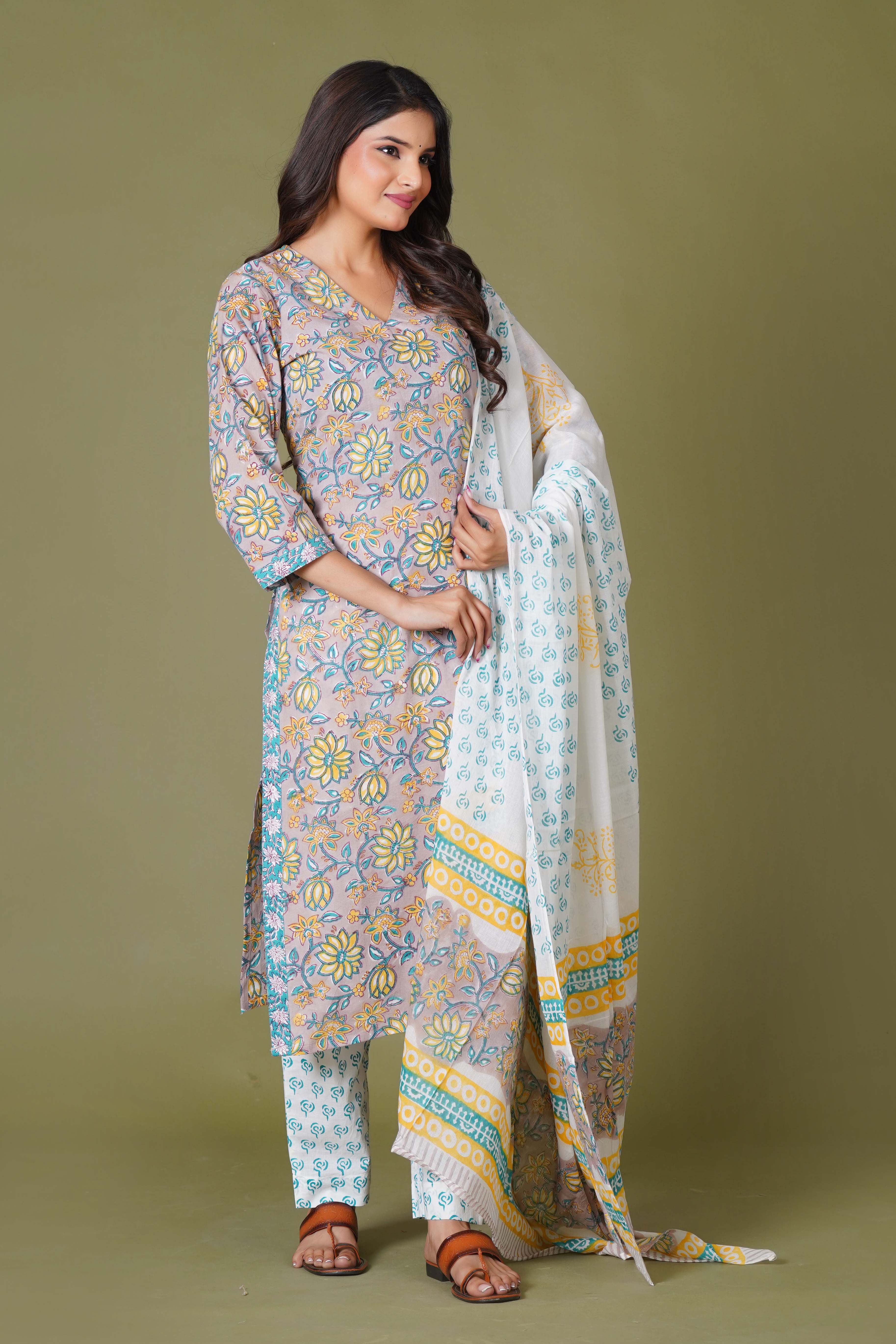 Sunlit Blossom Handblock Cotton Suit Set