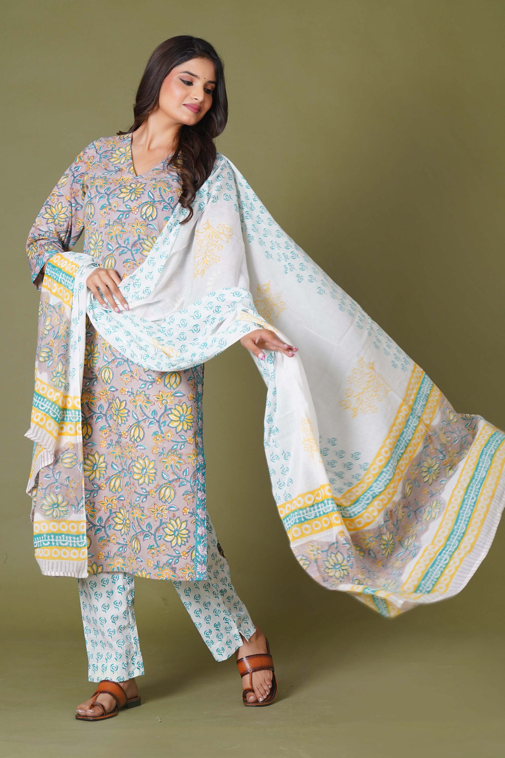 Sunlit Blossom Handblock Cotton Suit Set