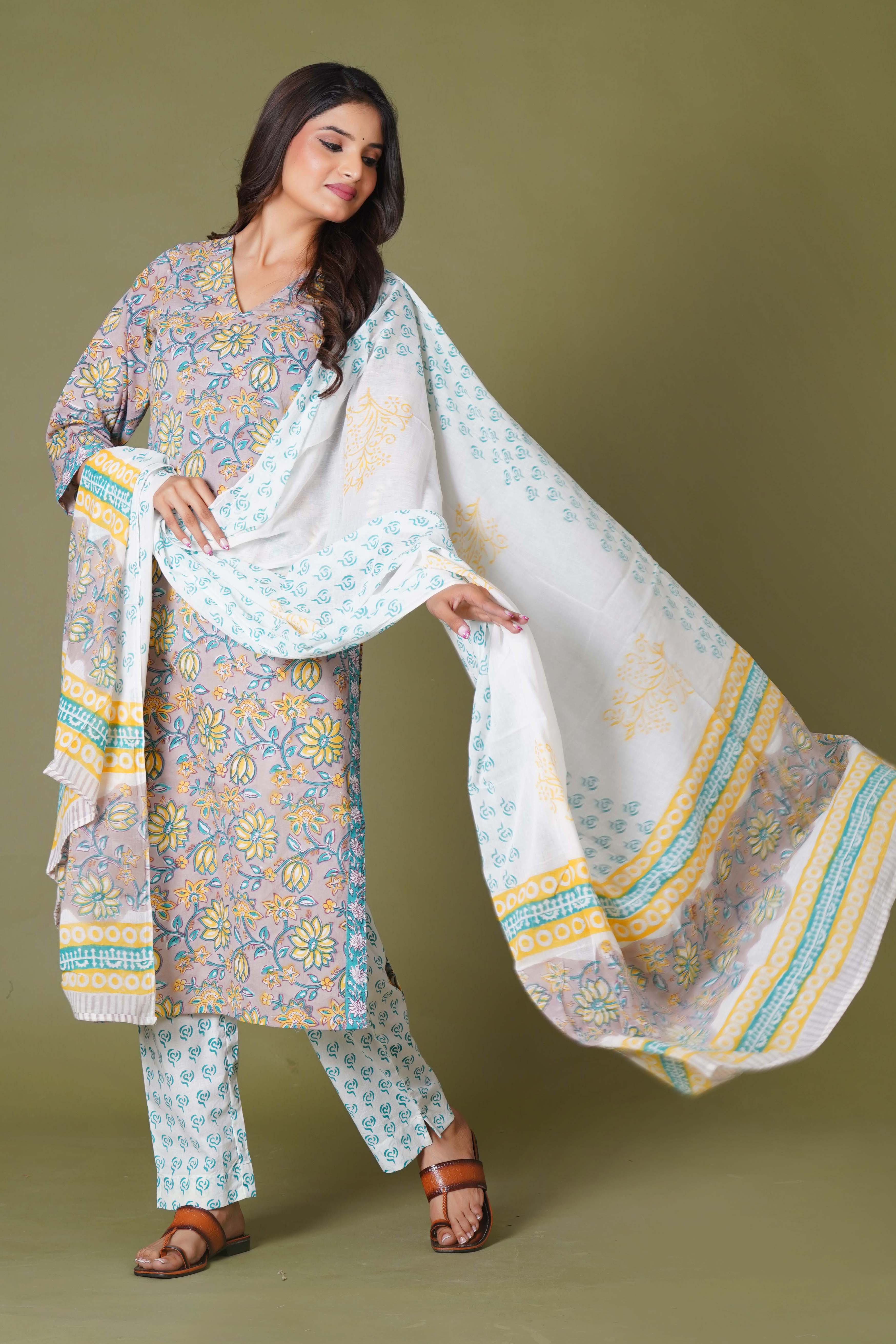 Sunlit Blossom Handblock Cotton Suit Set