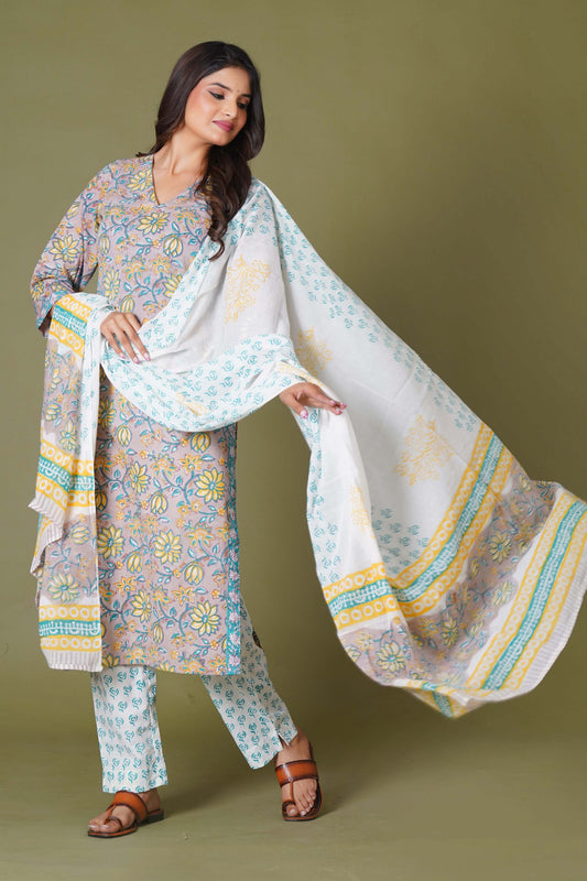 Sunlit Blossom Handblock Cotton Suit Set