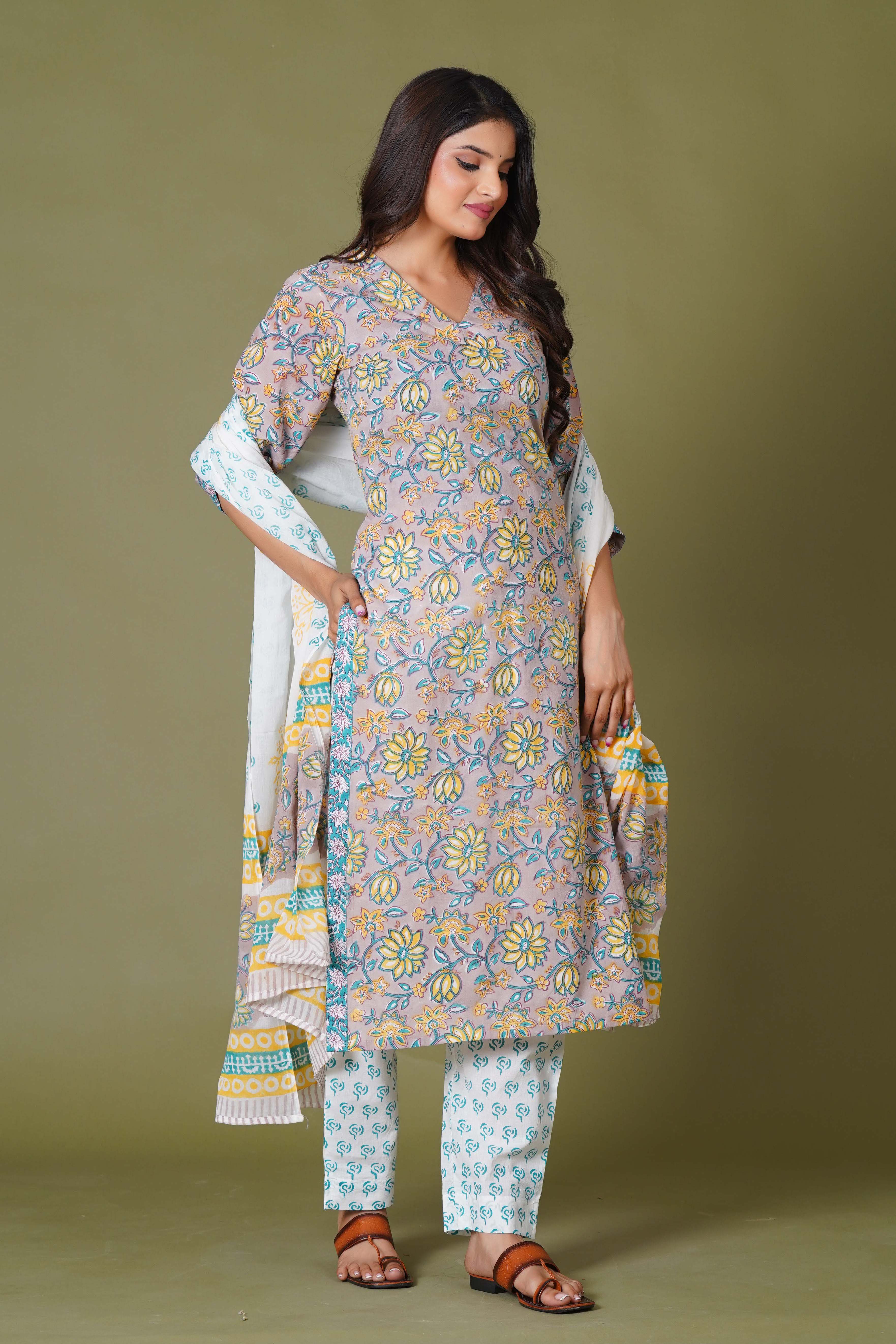 Sunlit Blossom Handblock Cotton Suit Set