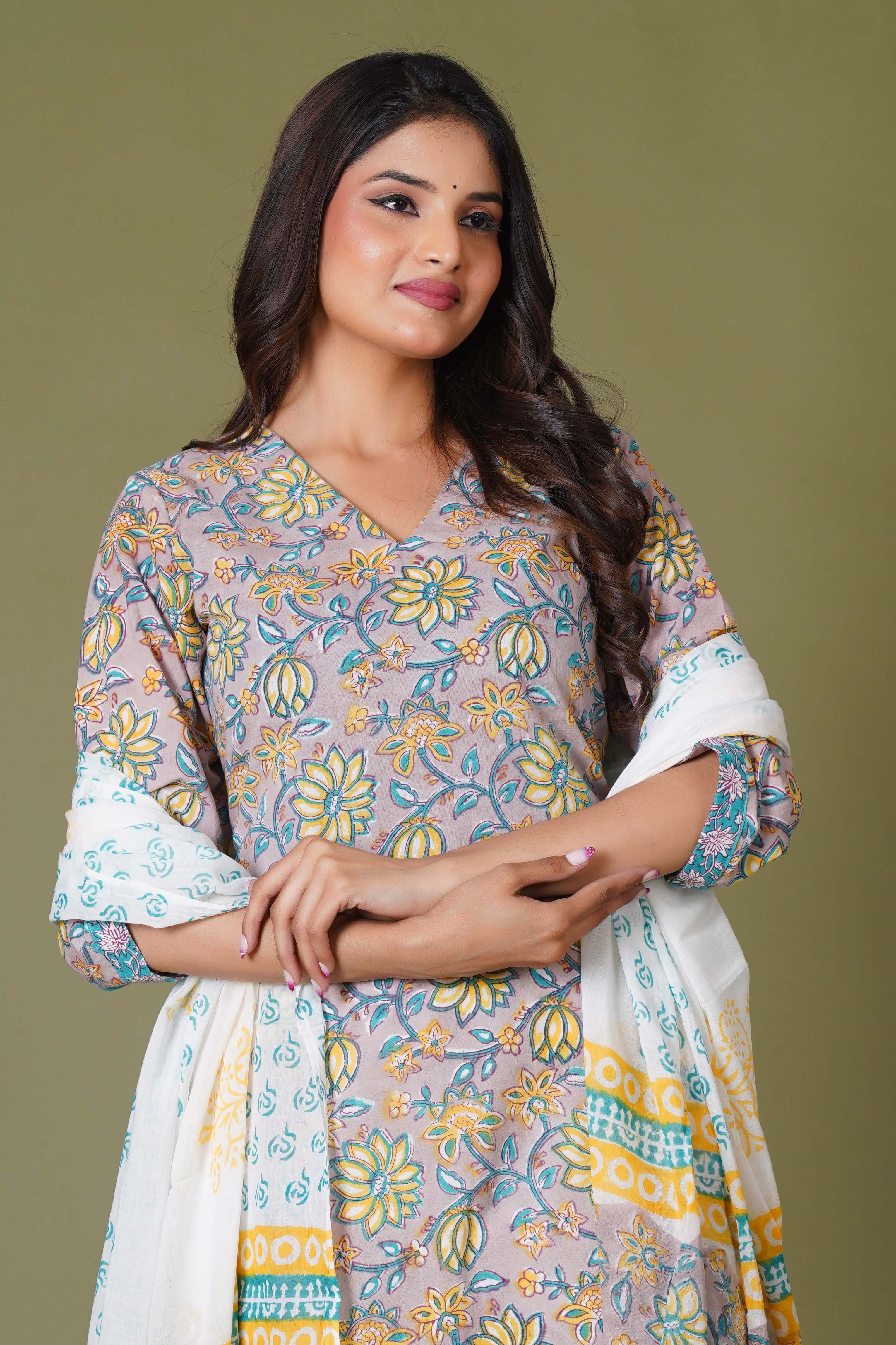 Sunlit Blossom Handblock Cotton Suit Set