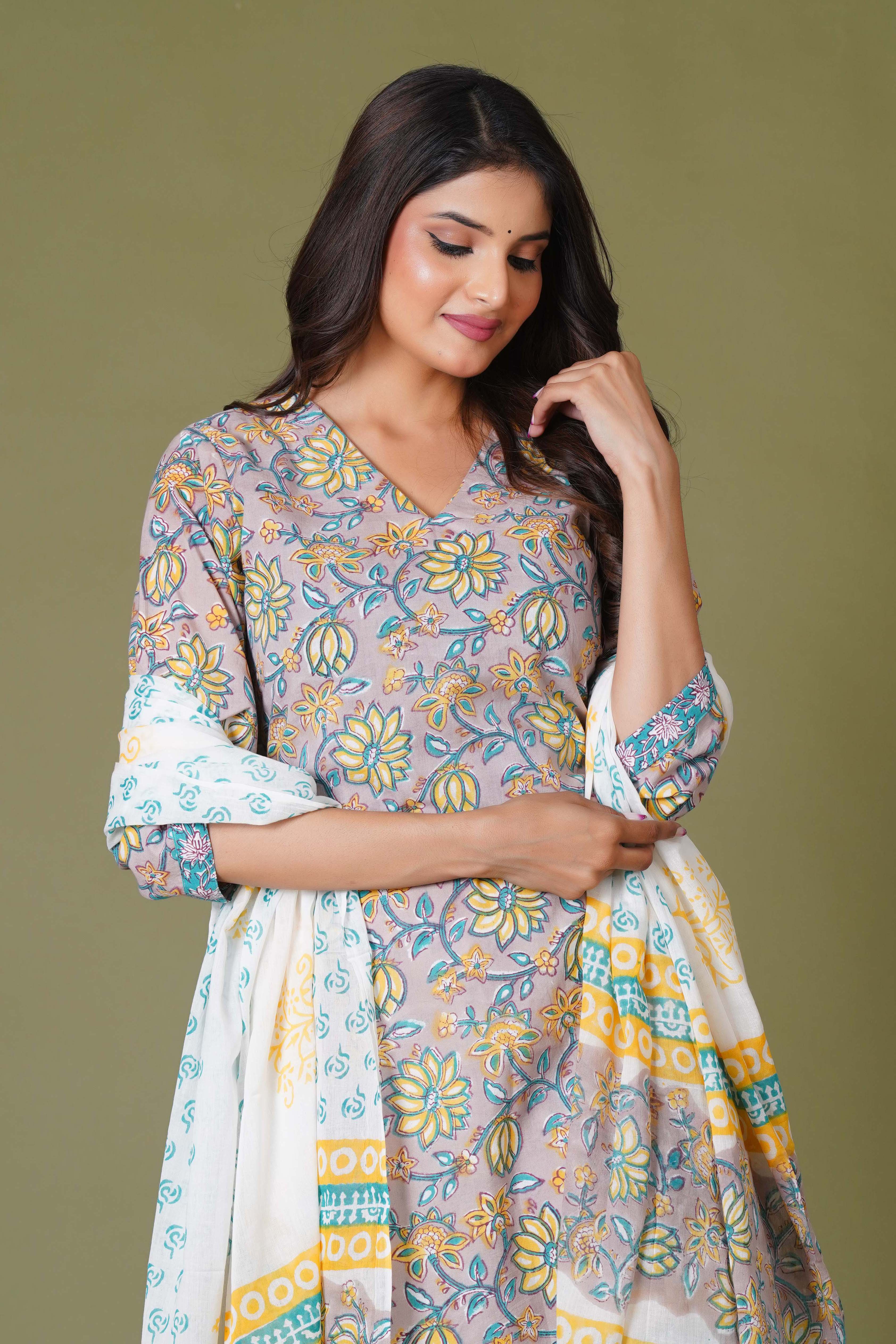 Sunlit Blossom Handblock Cotton Suit Set