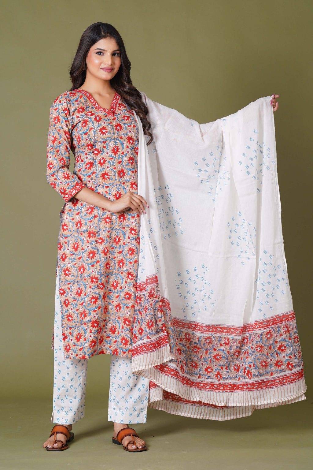 Crimson Bloom Handblock Cotton Suit Set