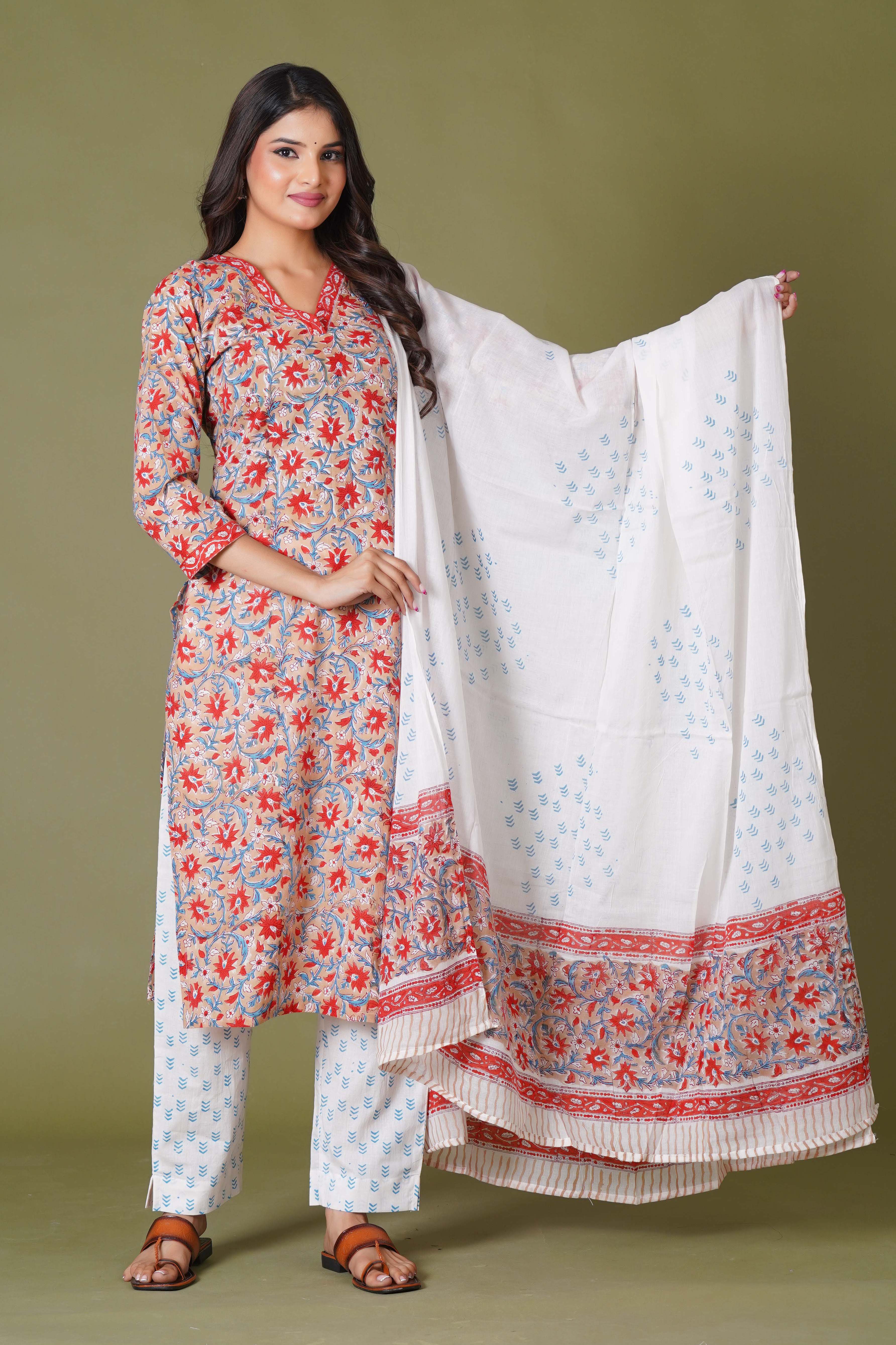 Crimson Bloom Handblock Cotton Suit Set