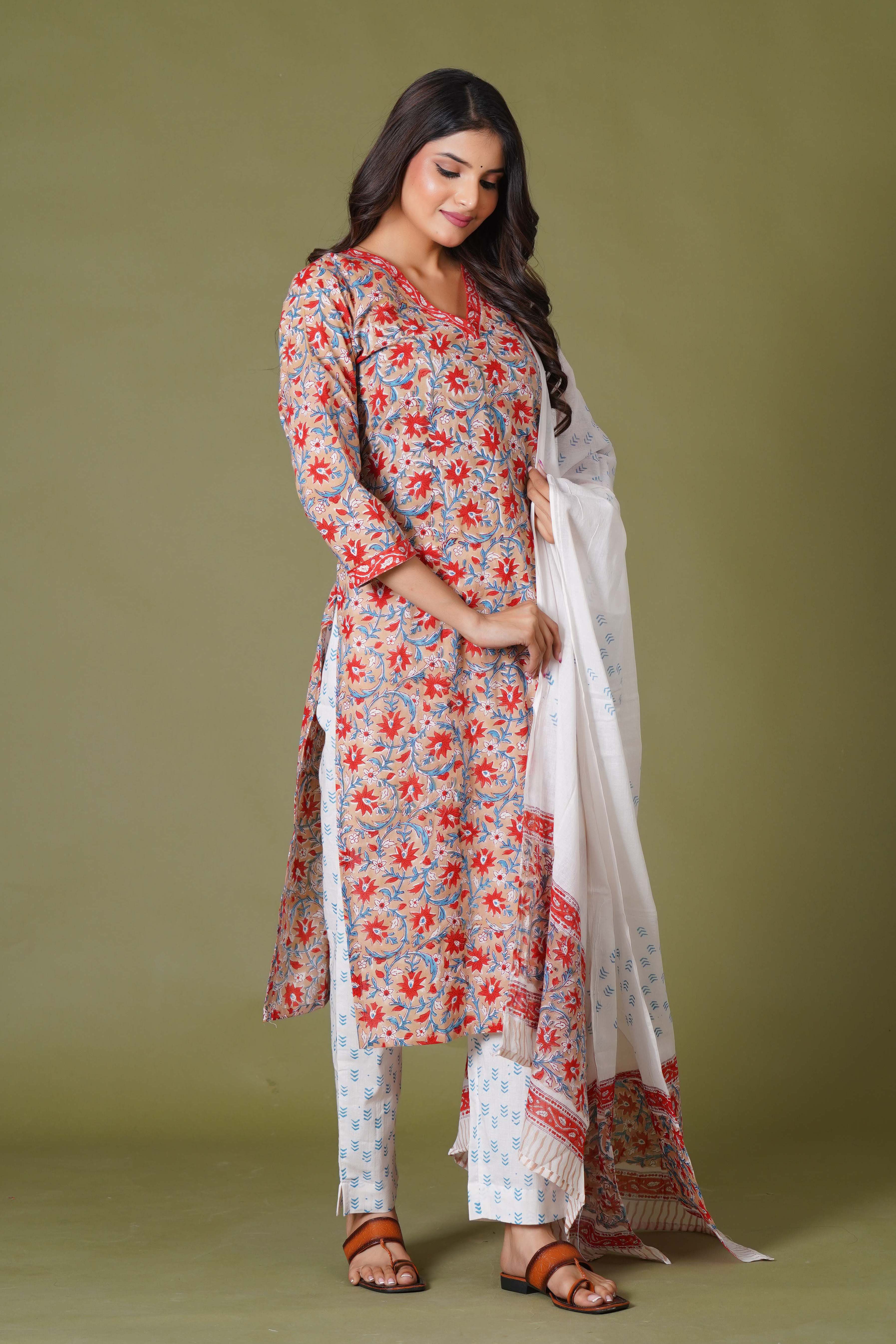 Crimson Bloom Handblock Cotton Suit Set