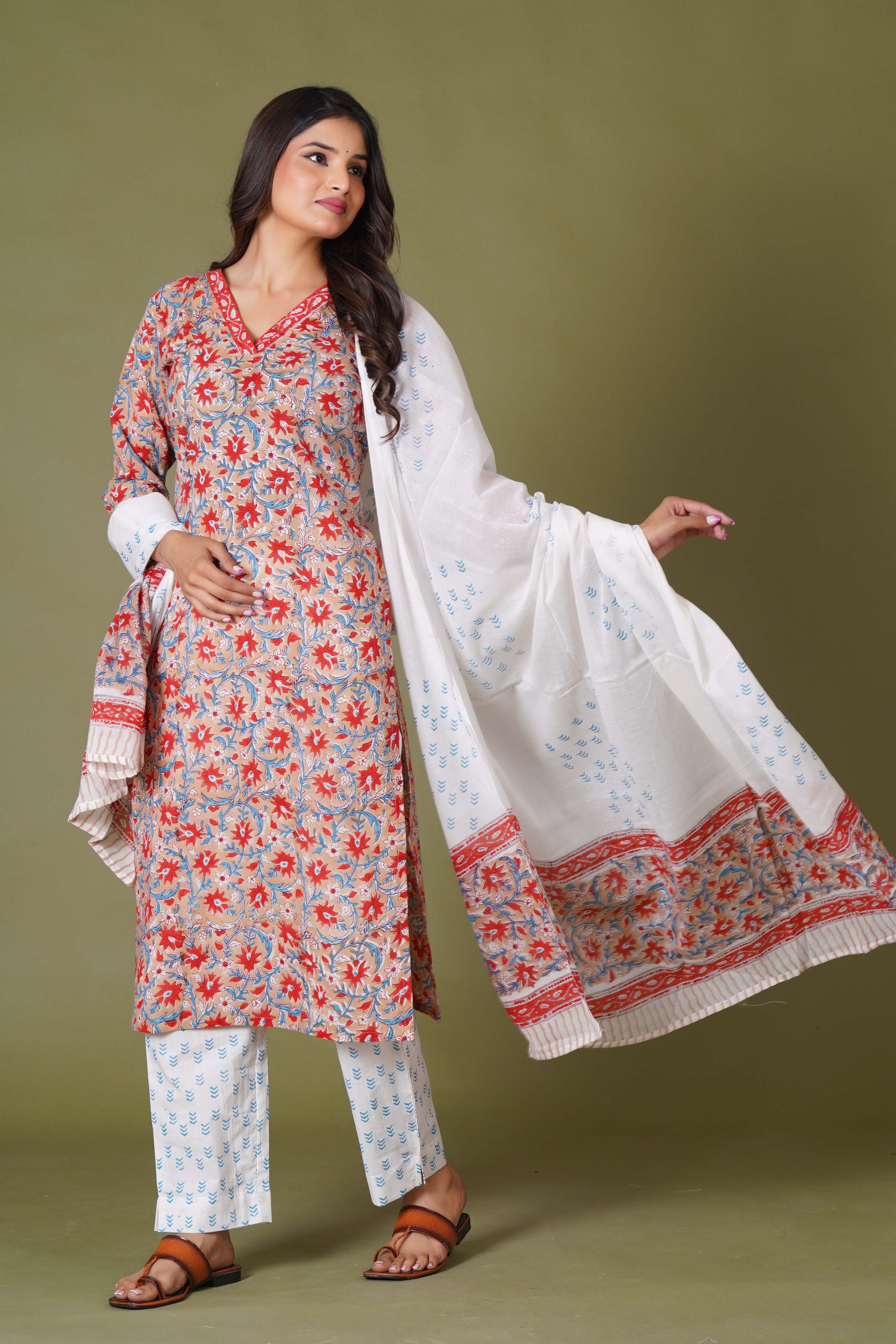 Crimson Bloom Handblock Cotton Suit Set