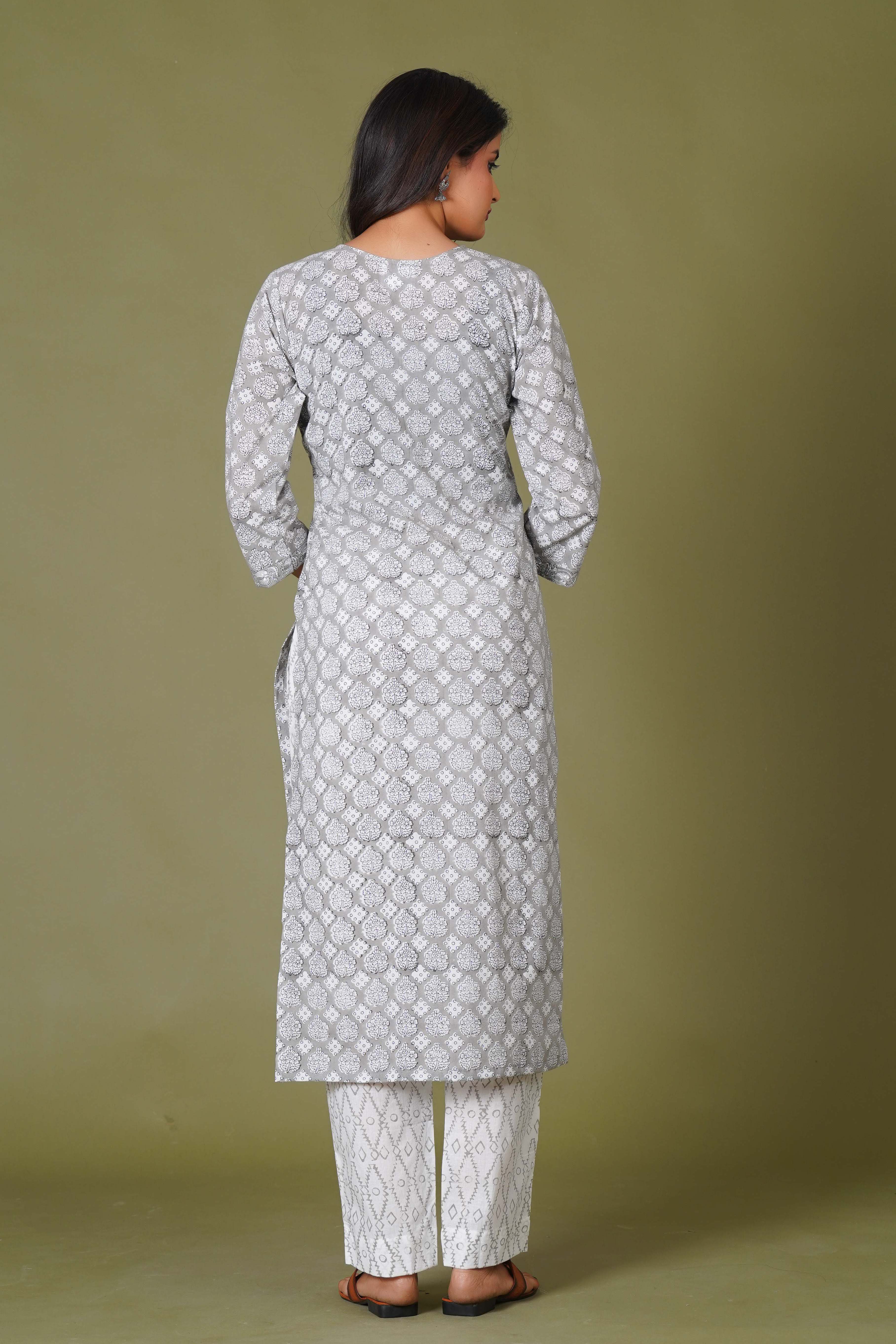 Grey Floral Handblock Printed Straight Kurta for Women – Soft Cotton Ethnic Wear